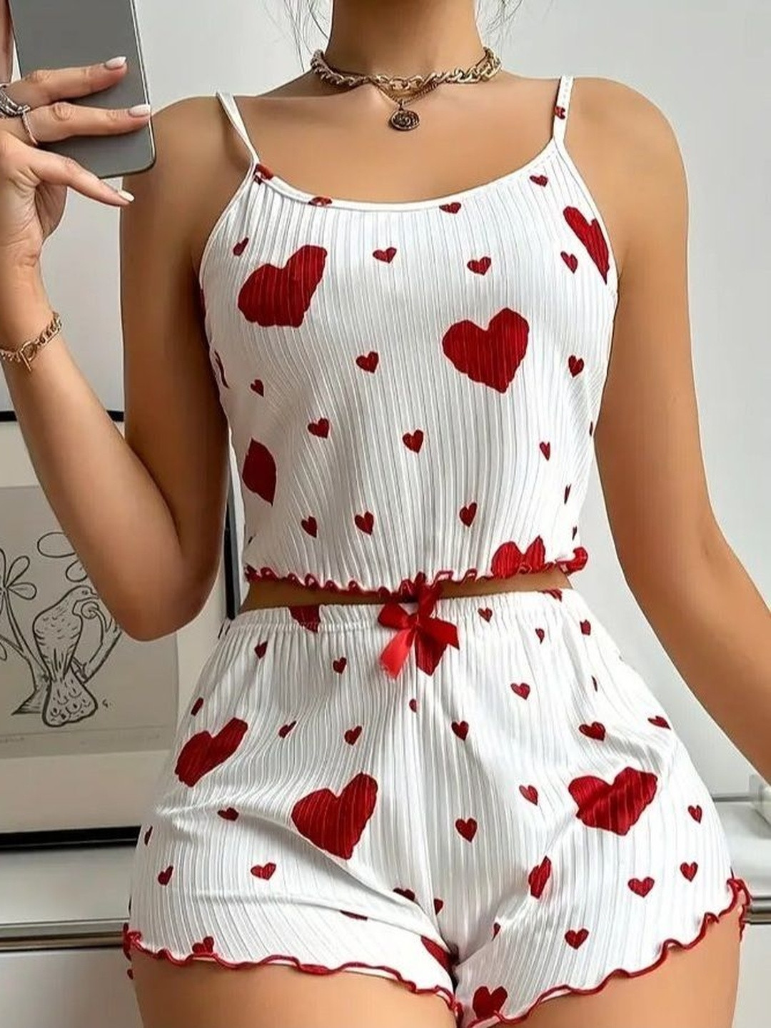 Caracola Women White Heart Printed Top & Short Night suit