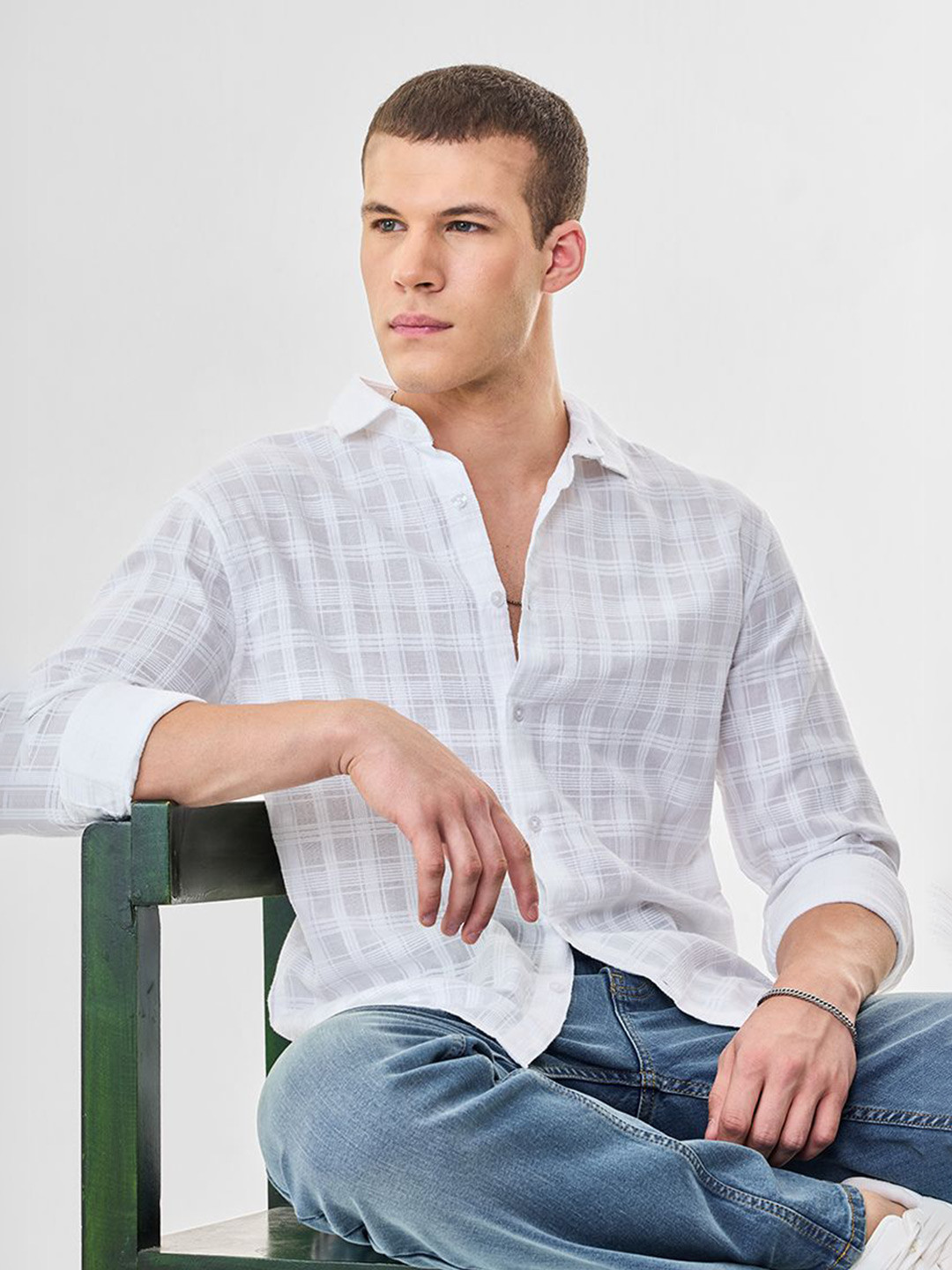 Snitch Men White Checked Shirt