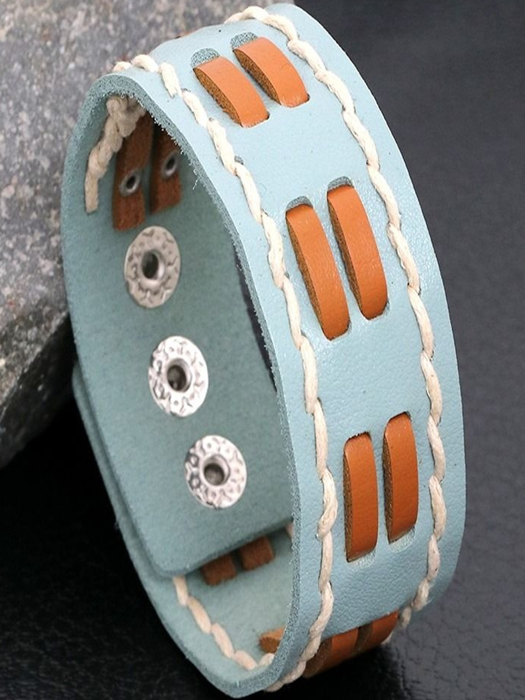 Jewelgenics Men Turquoise Blue & Brown Leather Wrap Button Bracelet