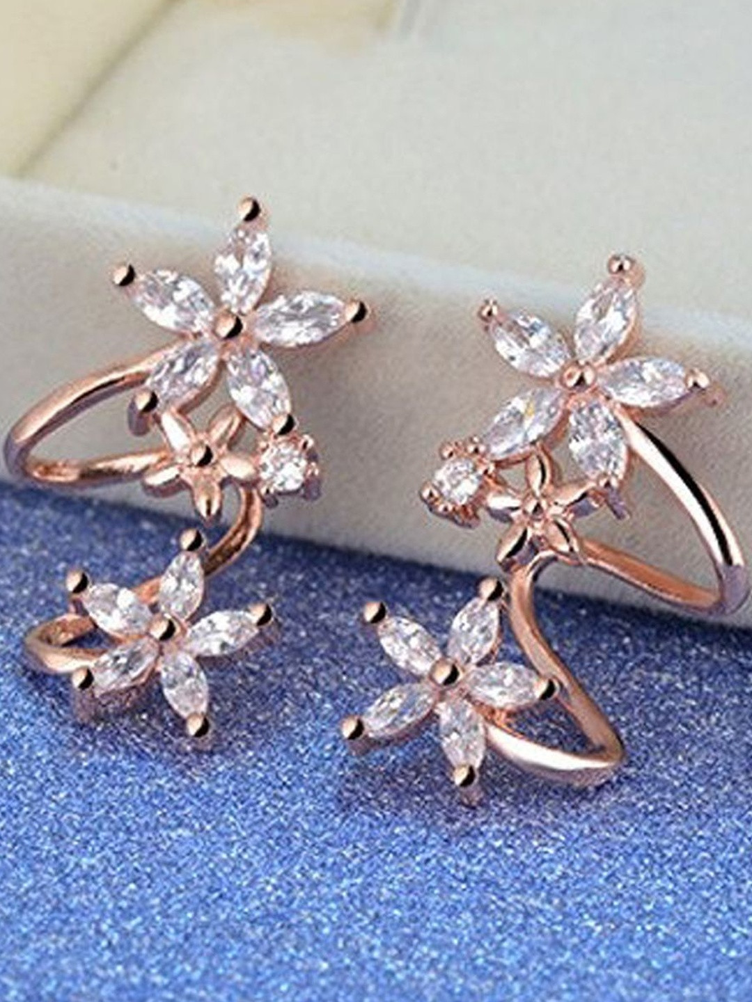 Jewels Galaxy Rose Gold Plated  Studded Triple Star Shaped Ear Cuffs Earrings