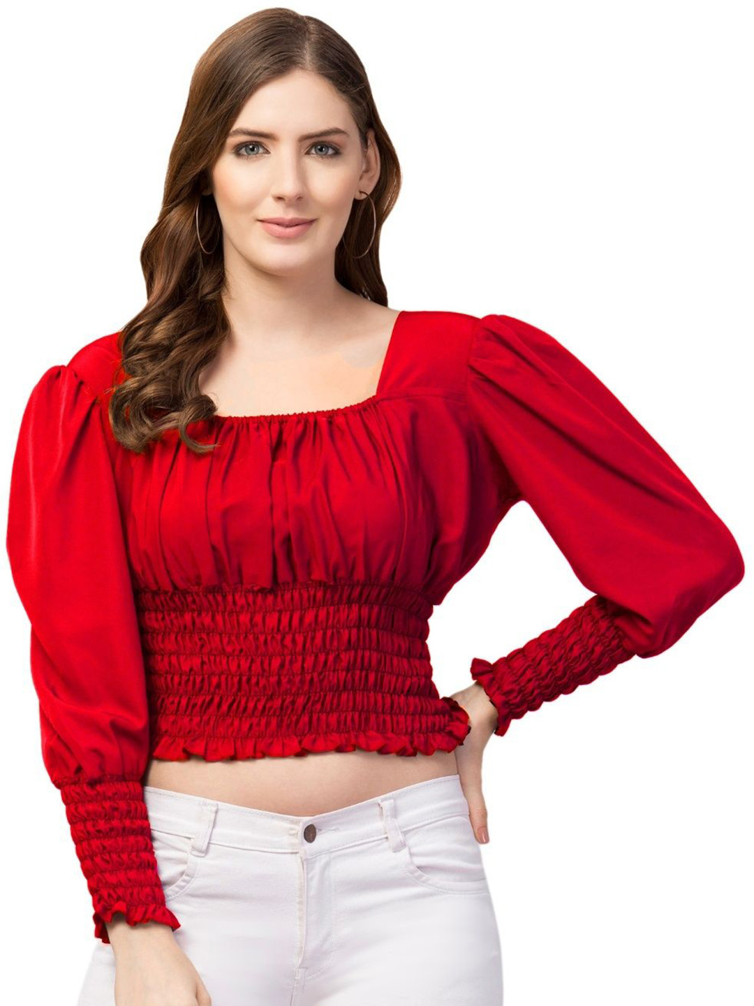 chakra healing reiki chr Women Solid Smocking Puff Sleeve Crop Tops