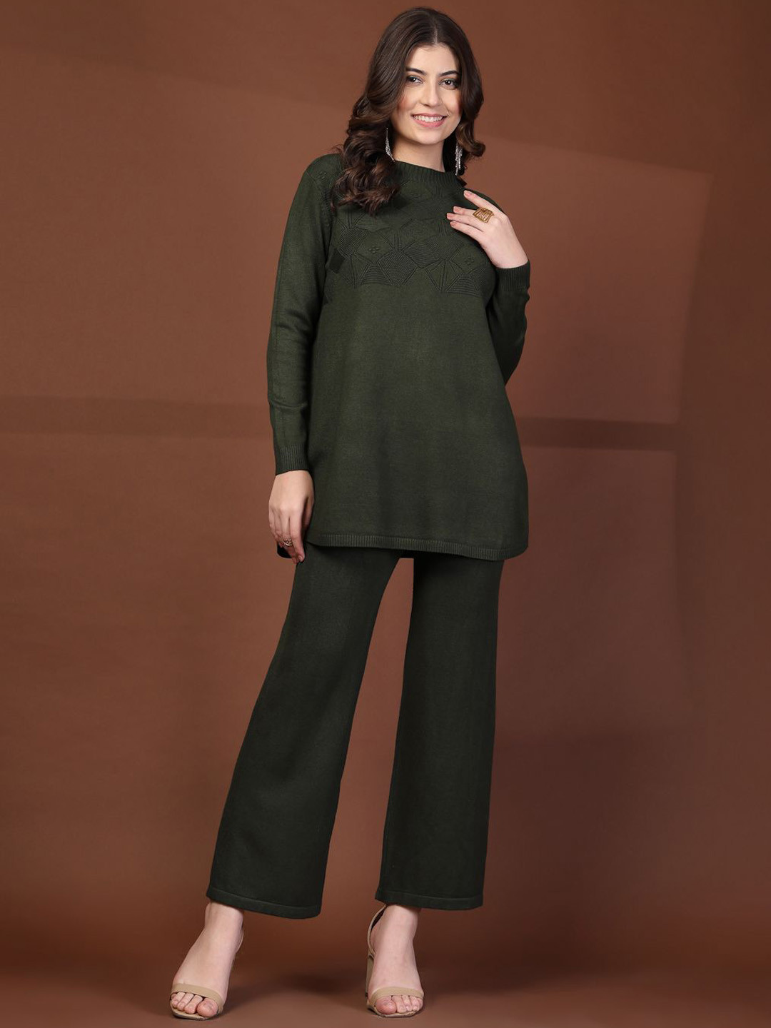 Mafadeny Women's 2-Piece Round Neck Textured Co-ord Set with Wide-Leg Pants