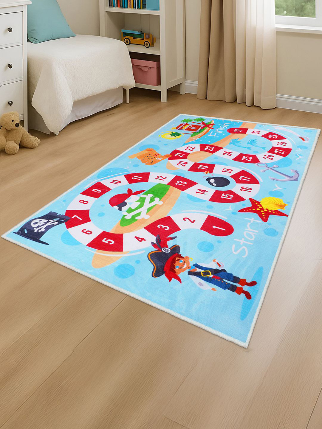 Story@home Kids Turquoise Blue & Red Cartoon Characters Anti-Skid Carpet