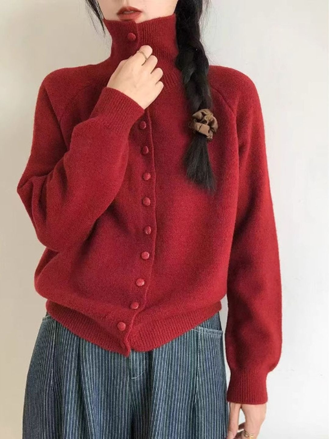 DressBerry Women Red Solid Woolen High Neck  Pullover