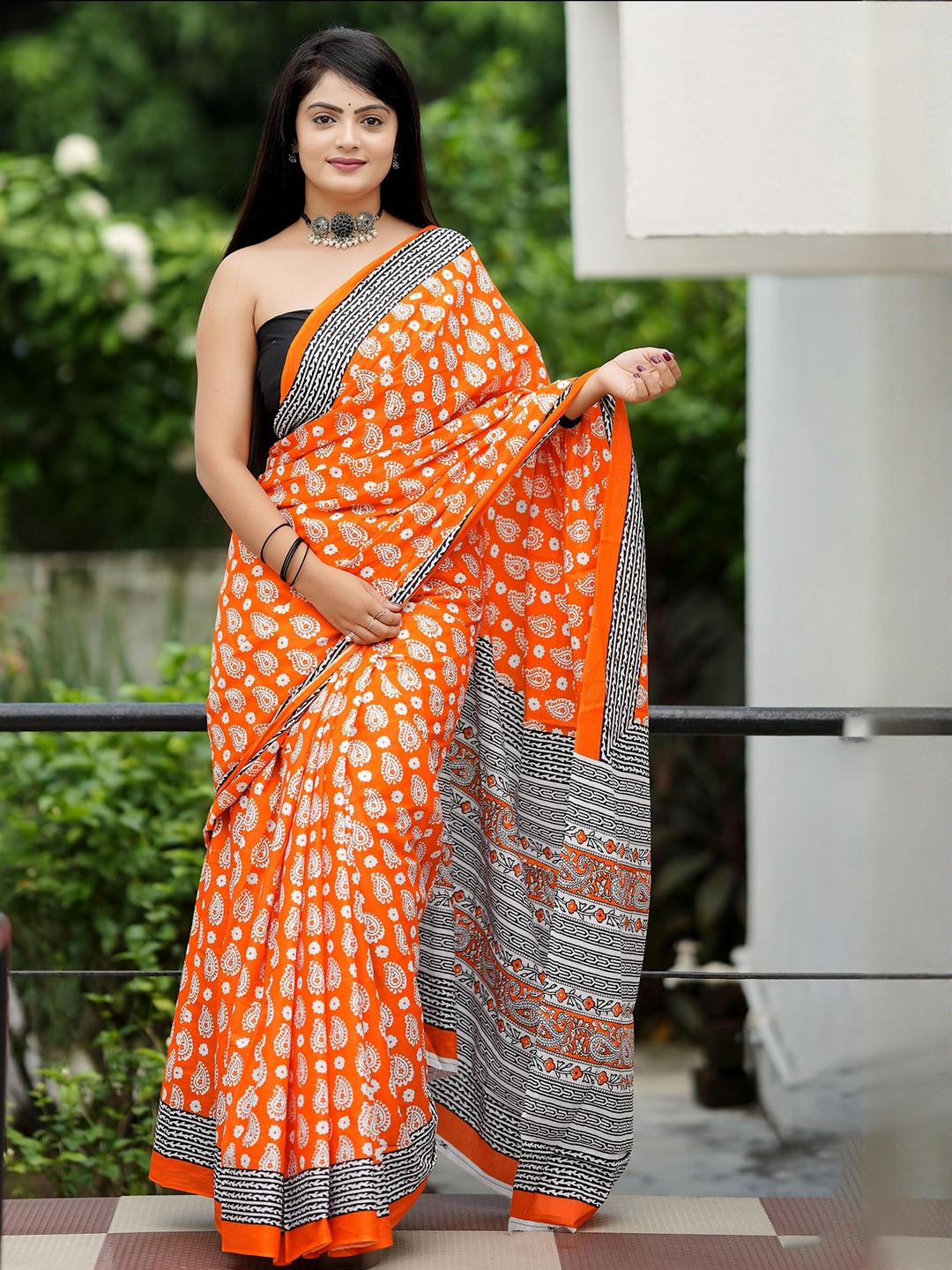 Anouk Orange Batik Pure Cotton Sarees