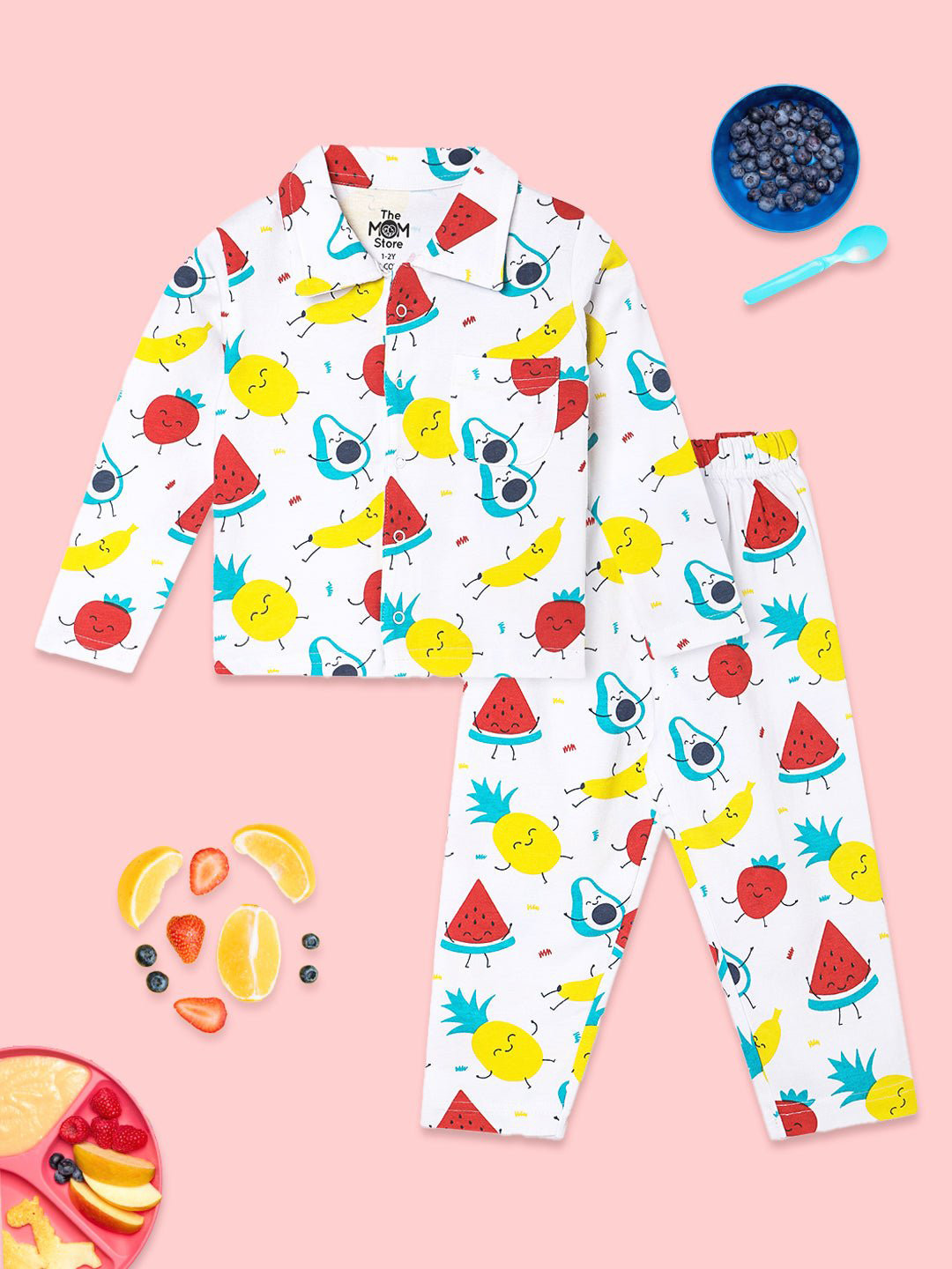 The Mom Store Unisex Kids White Printed Night suit