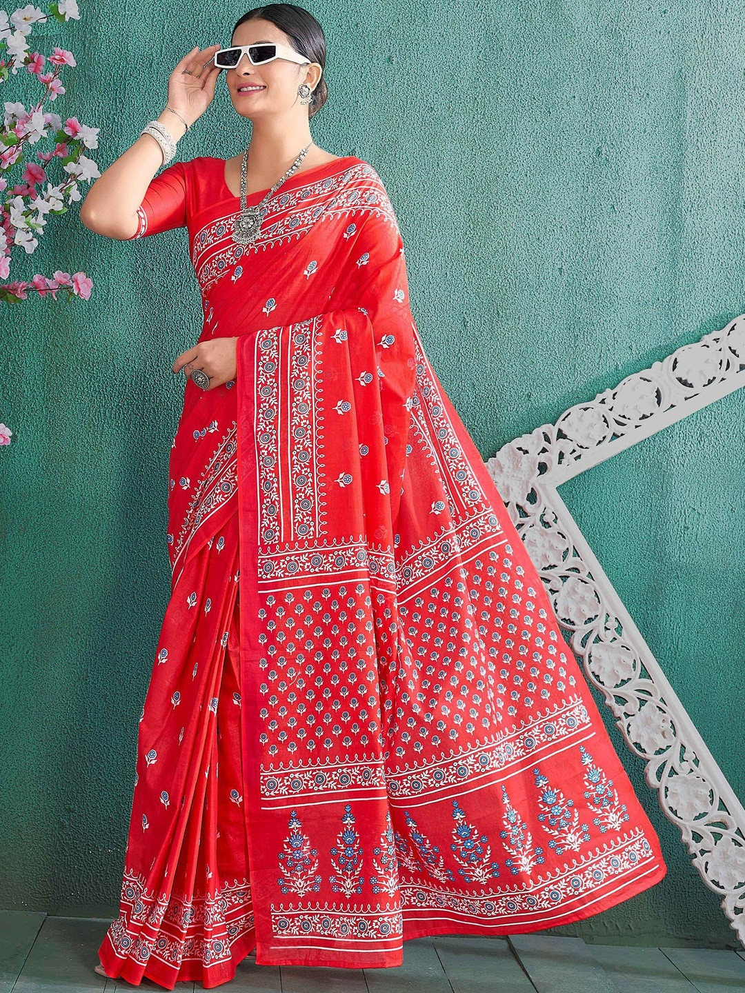 Moda Rapido Red & Blue Batik Pure Cotton Block Print Saree
