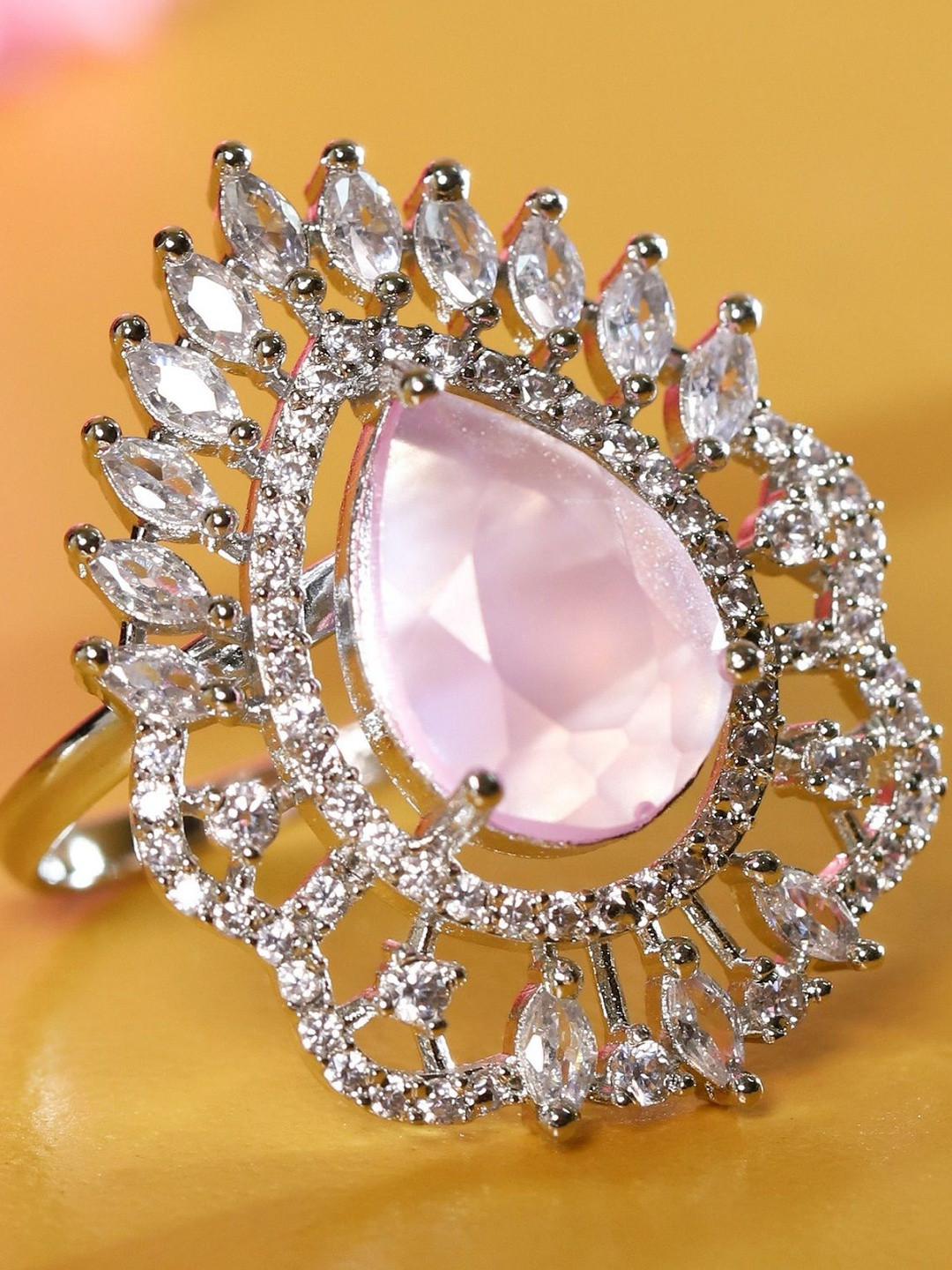 Manuvi Jewels Women Pink Silver-Plated Teardrop Stone American Diamond Adjustable Ring