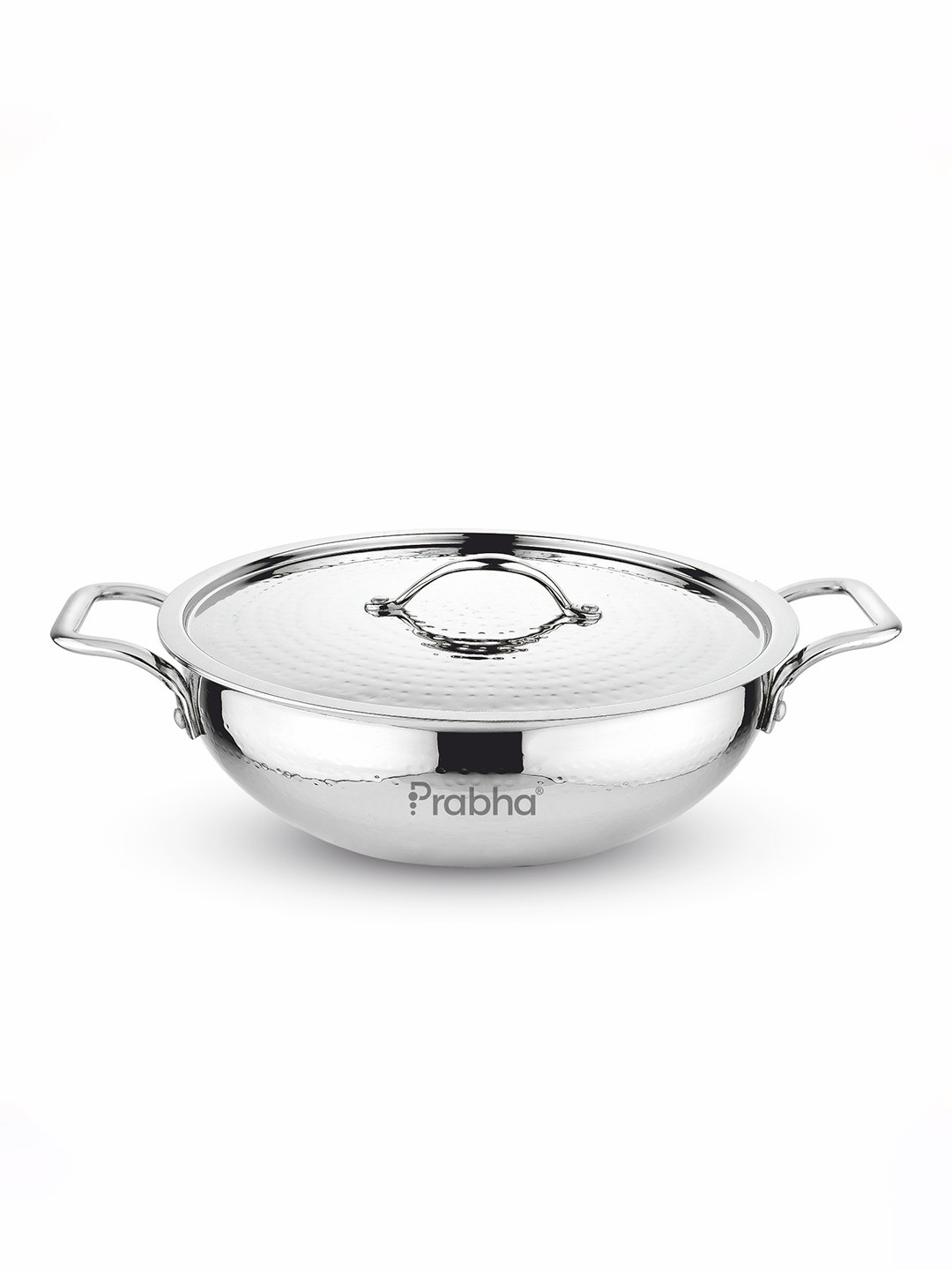 Prabha Stainless Steel Magnum Hammered Flat Bottom Kadhai With Lid 3.4 Litre
