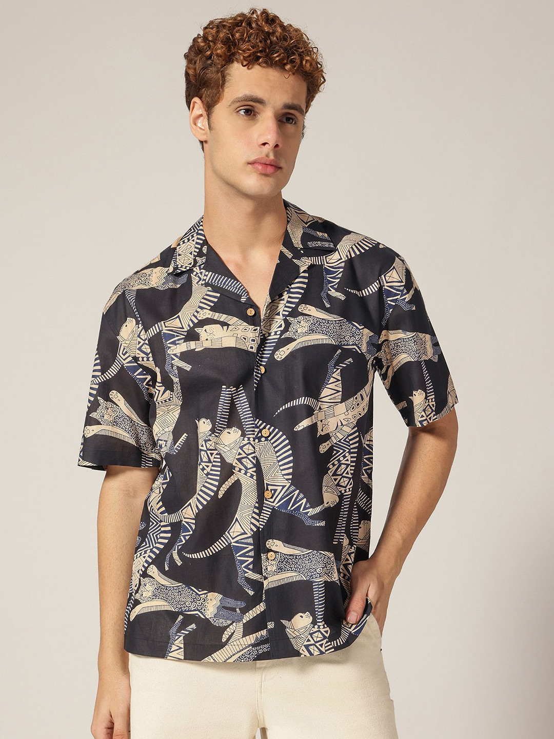 DENNISON Comfort Block Printed Spread Collar Short Sleeves Cotton Shirt