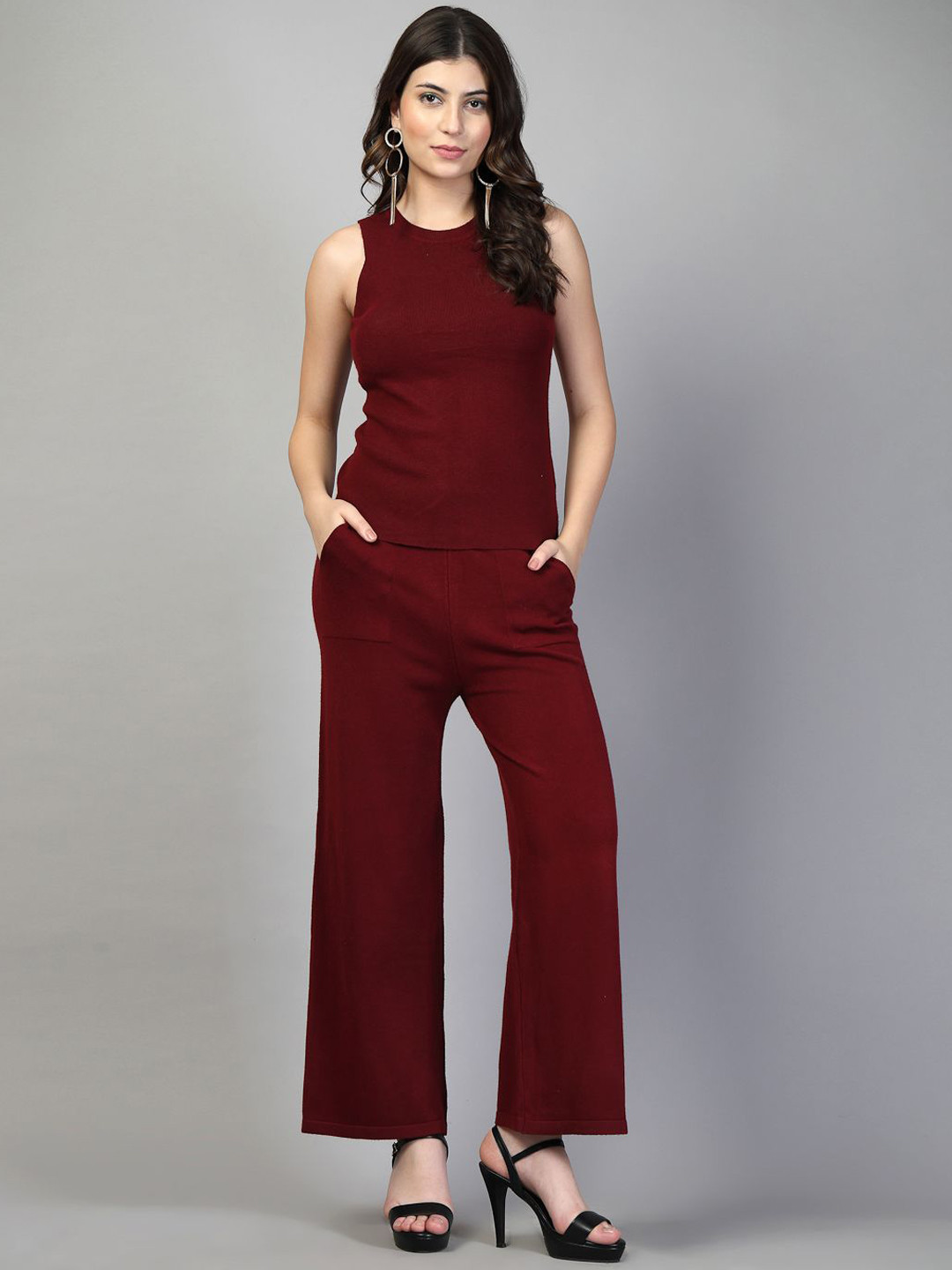 Mafadeny Women 3-Pcs Round Neck Co-ord Set with Ribbed Cardigan & Wide-Leg Pants