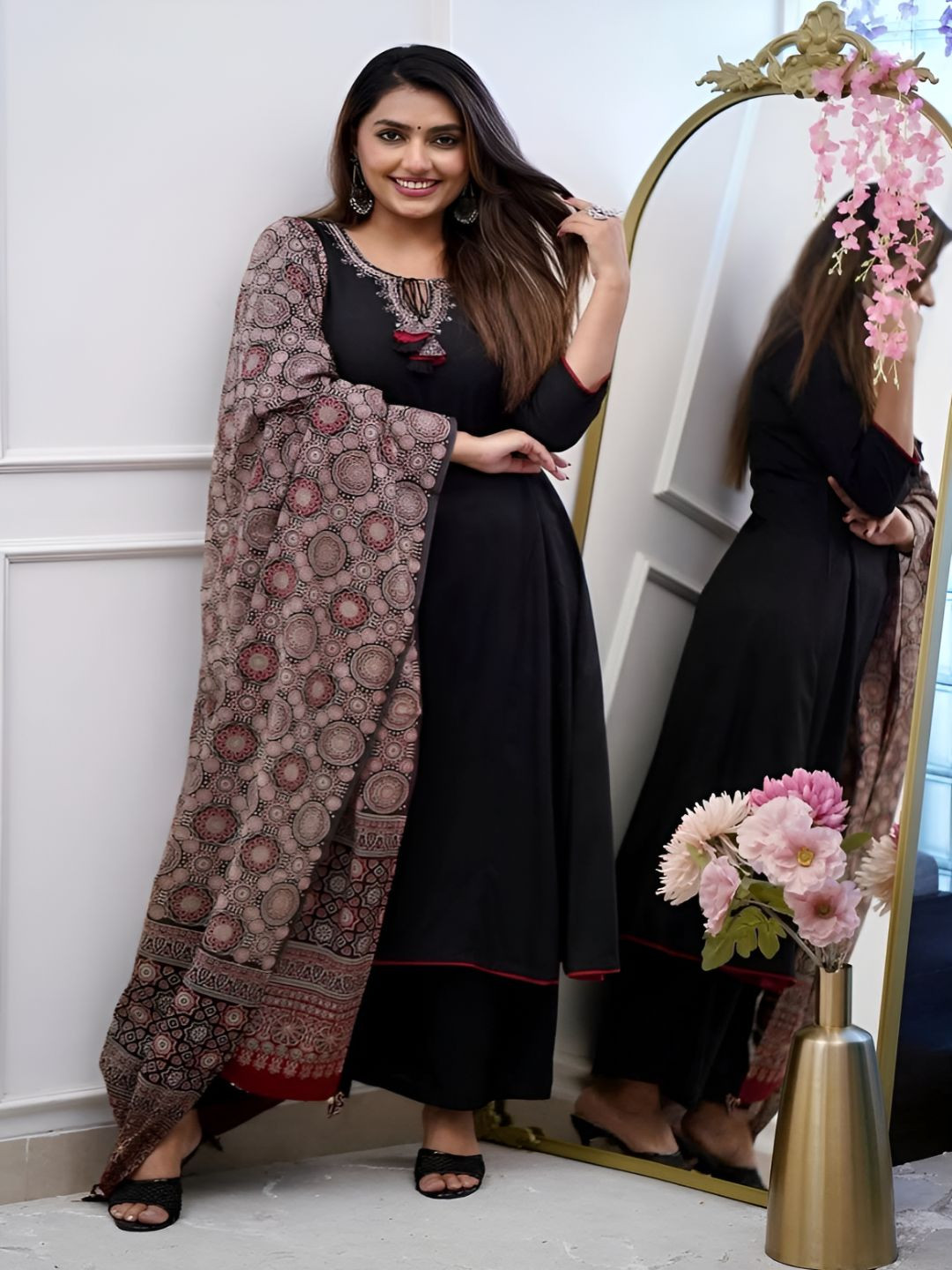 Ekta Textiles Yoke Design Thread Work Chanderi Silk A-Line Kurta With Trousers & Dupatta