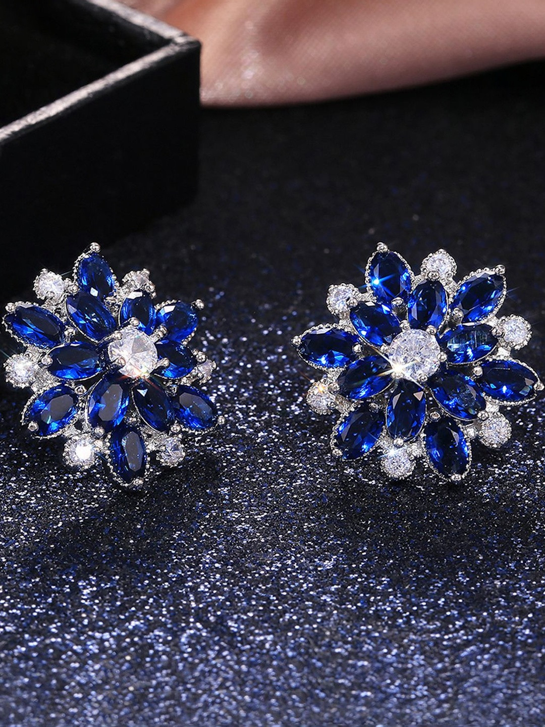 Jewels GalaxySilver Plated American Diamond Studded Floral Blue Stud Earrings