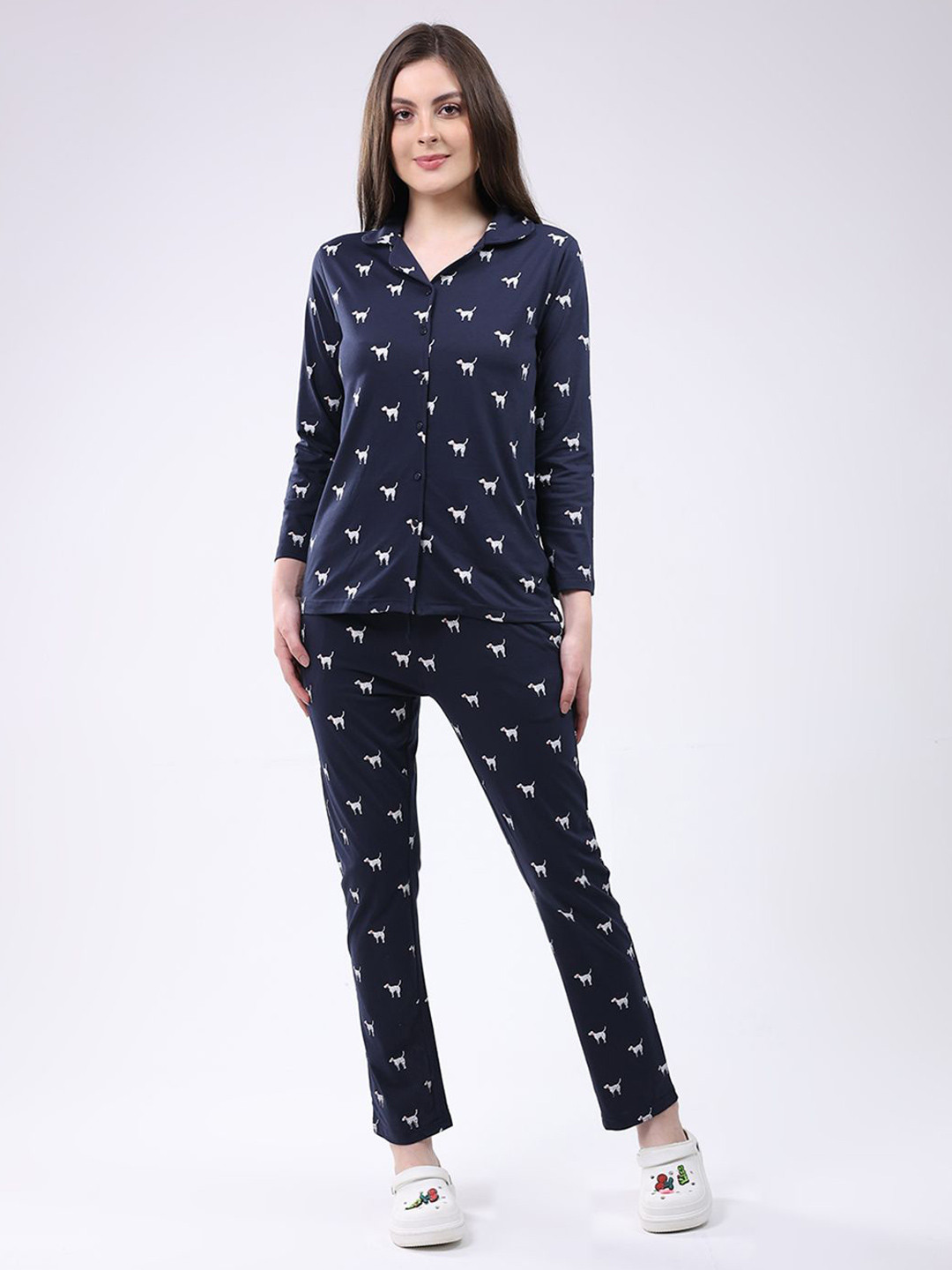 Monte Carlo Women Animal Printed Lapel Collar Full Sleeve Shirt & Lower Night Suit