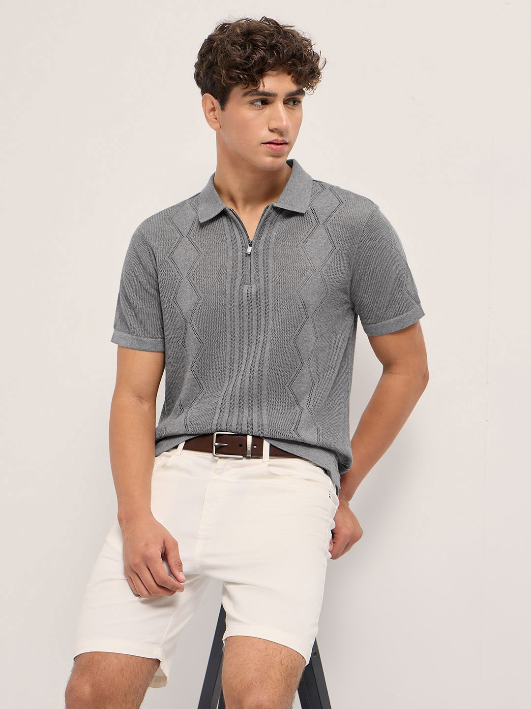 THE BEAR HOUSE Men Textured Flat Knit  Polo Collar T-shirt