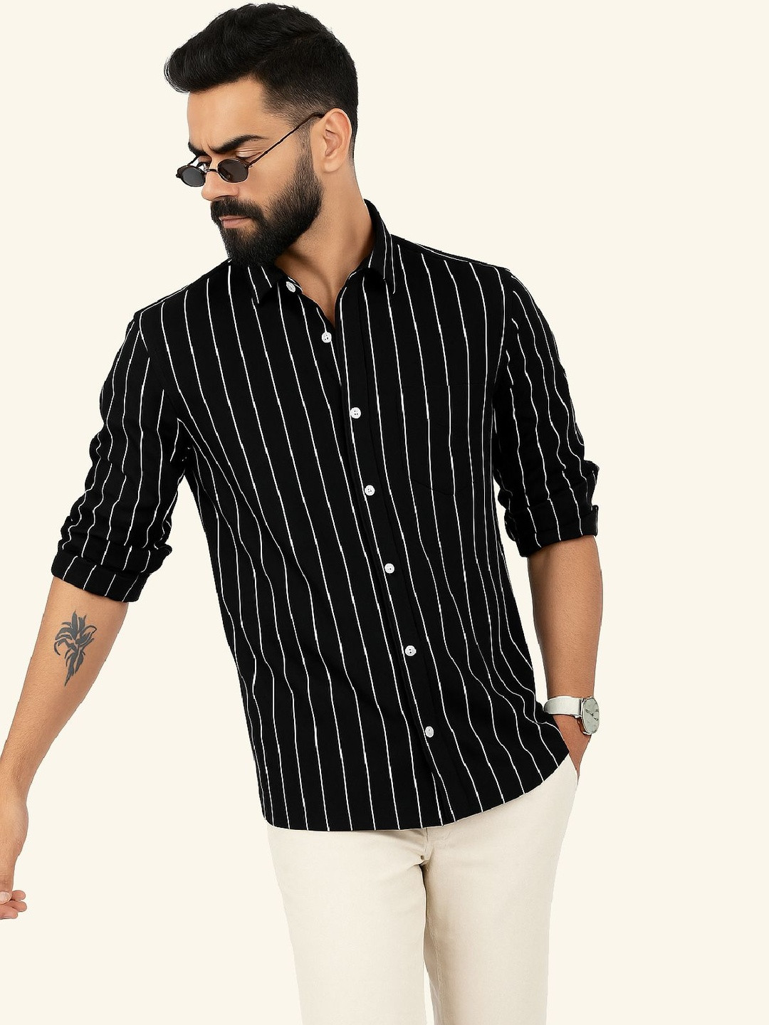 Eleni Trendz Men Black Striped Cotton Classic Printed Party Shirt