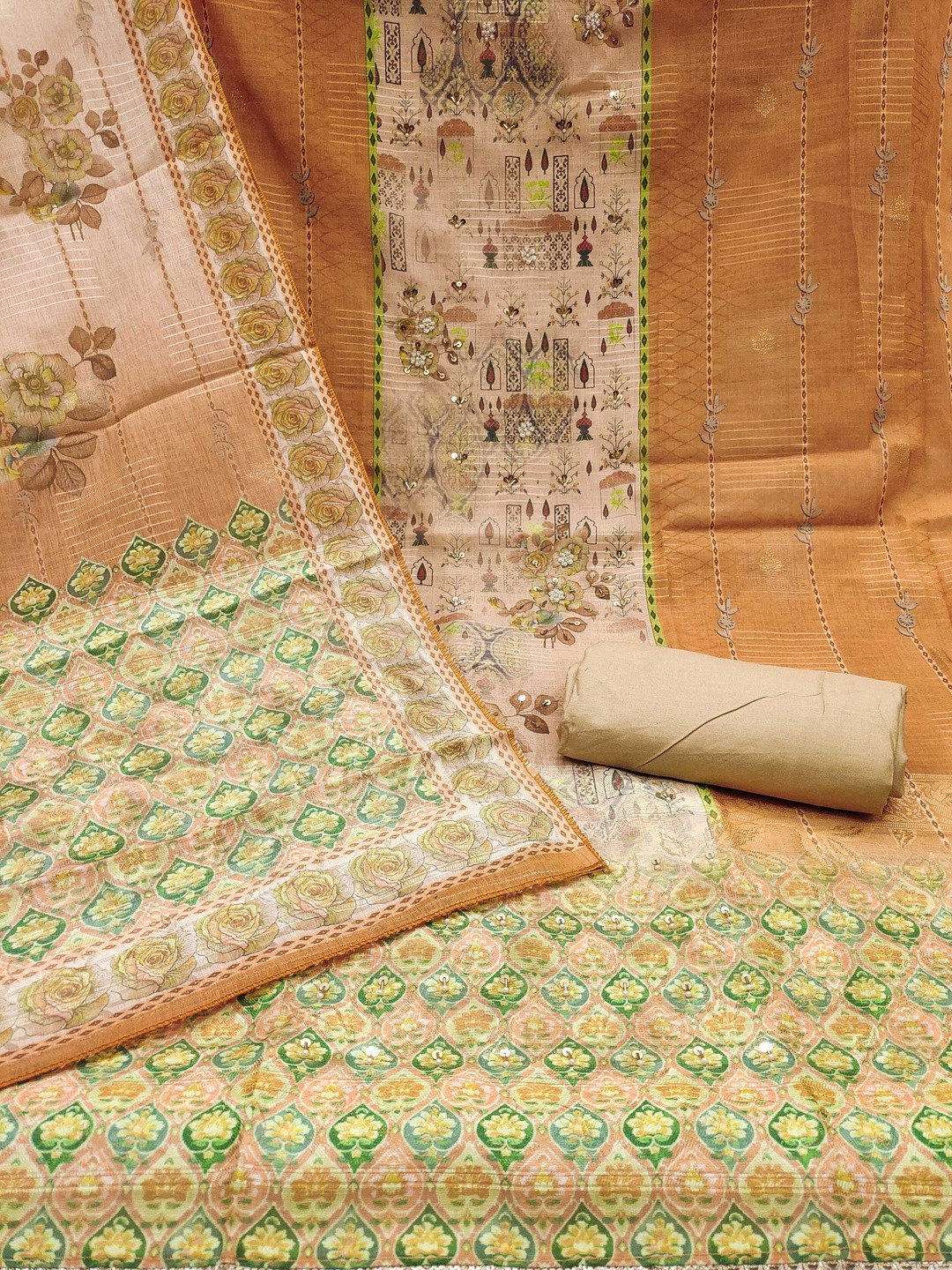 KALINI Beige Viscose Cotton Banrasi Handwork Dress Material With Dupatta