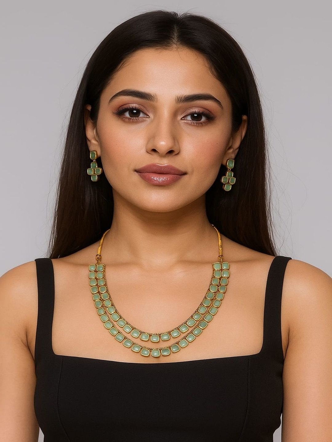 ROYAL NEEDS Gold-Plated Kundan-Studded Square Shaped Layered Necklace With Earrings