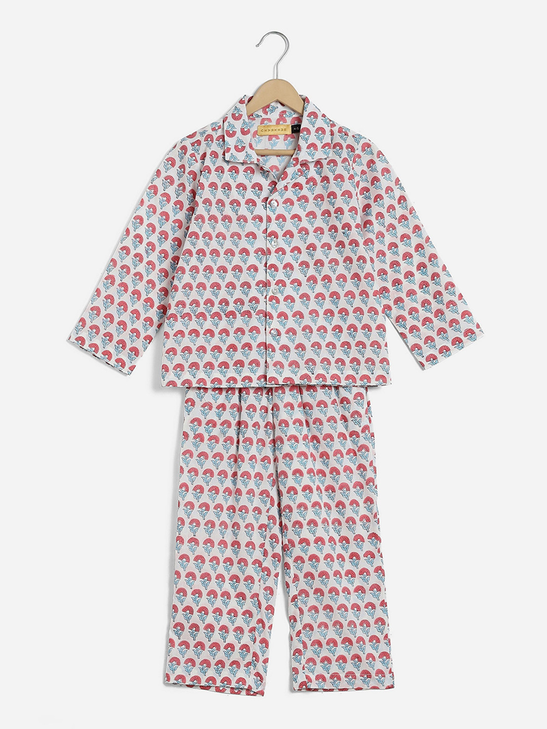 charkhee Girls Block Printed Shirt & Pyjama Pure Cotton Night suit