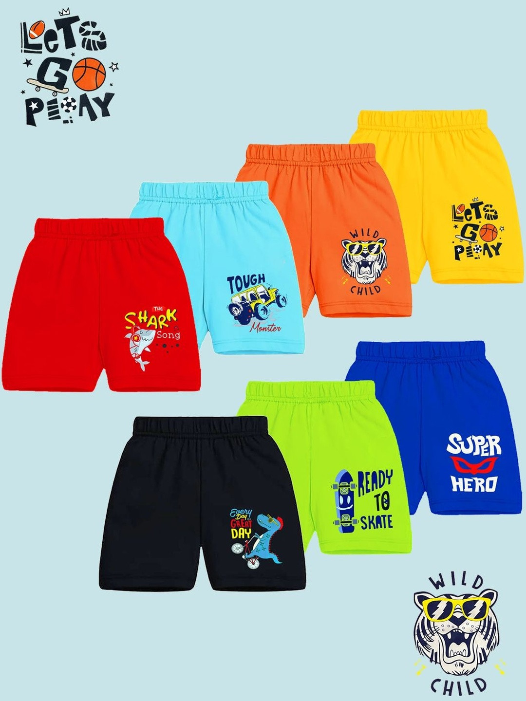 YK Boys Pack of 7 Graphic Printed Shorts