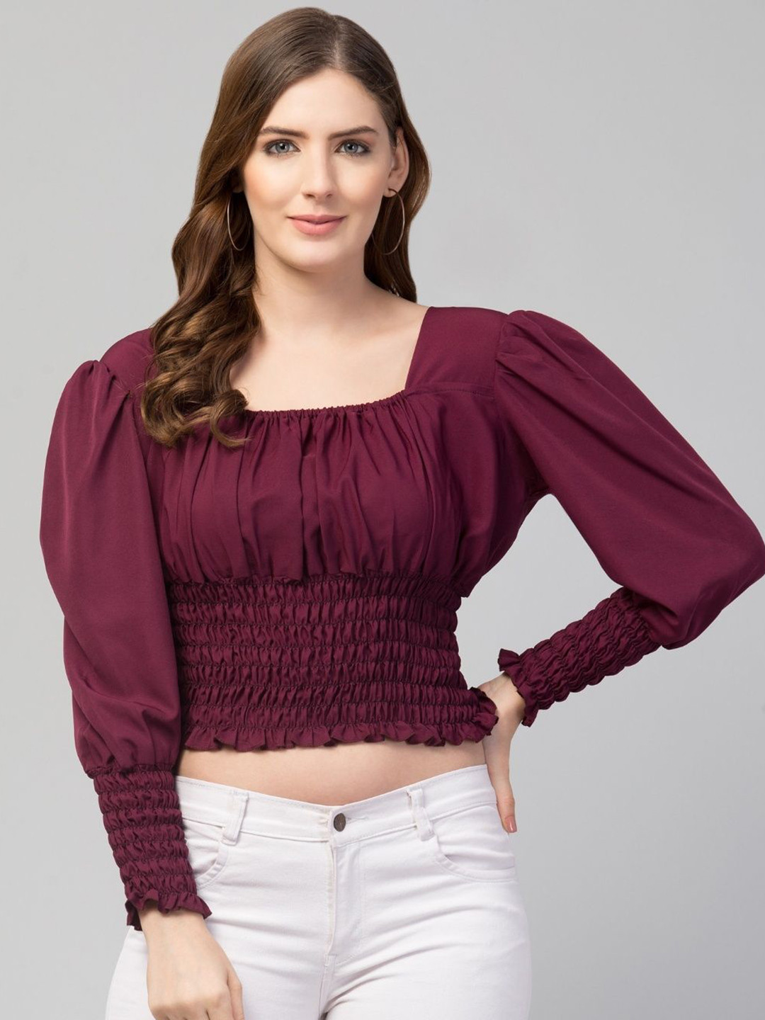 new taj fashion Puff Sleeve Smocked Crepe Blouson Crop Top