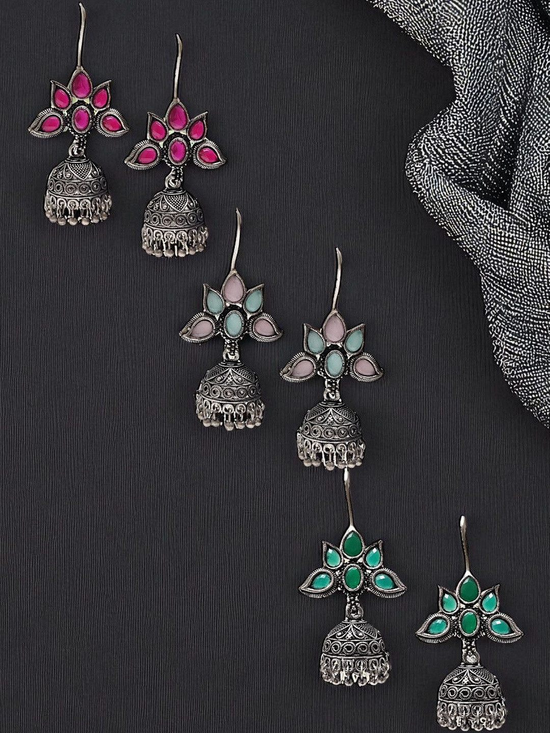 OOMPH Women Pack Of 3 Dome Shaped Oxidised  Jhumkas Earrings