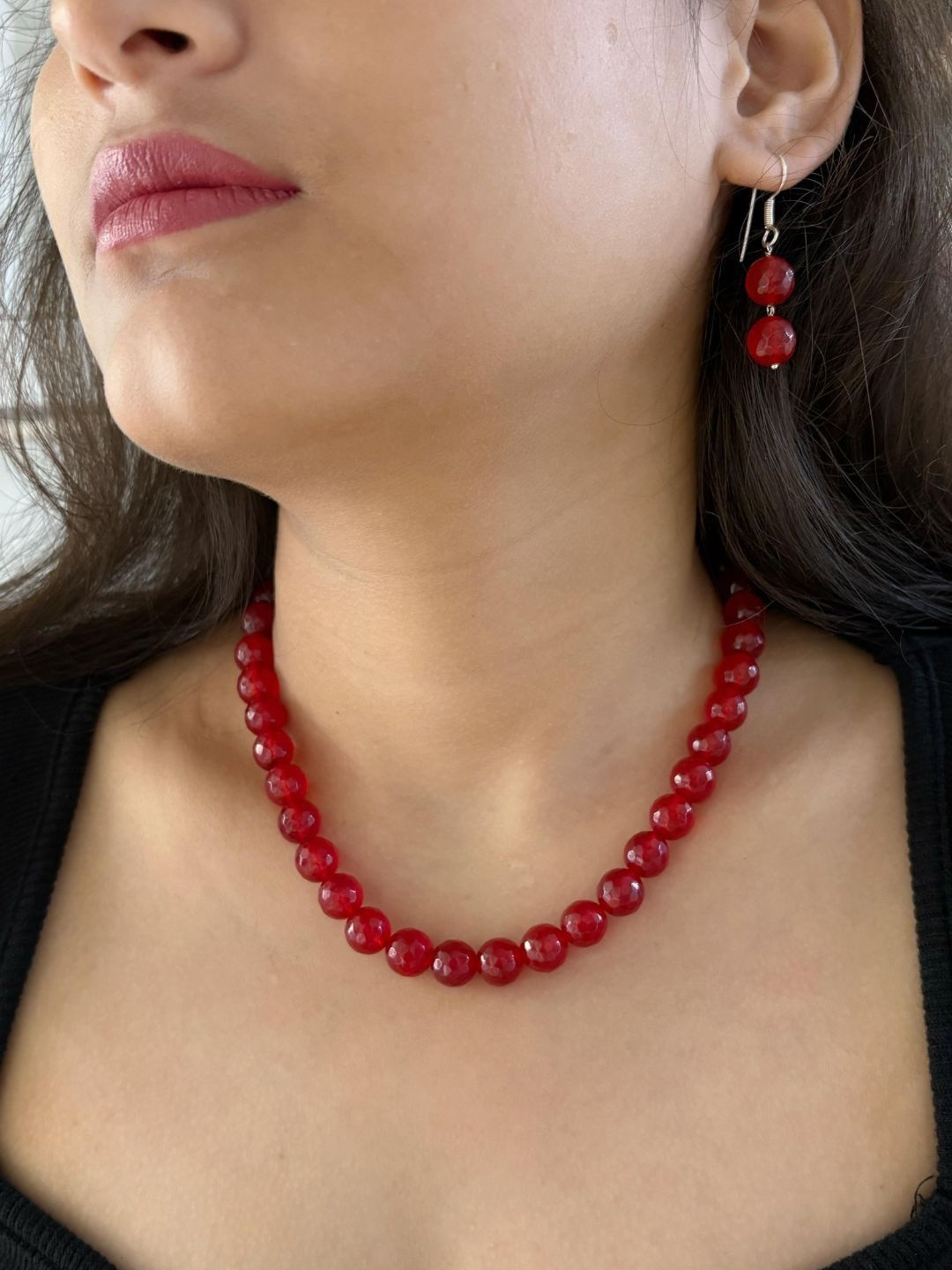 Gehna By Beadazzled Silver-Plated Red Jade Beads Necklace With Earrings