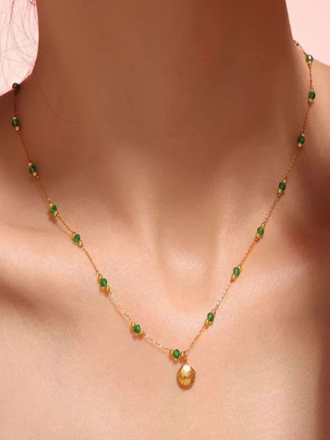 AQUASTREET 18K Gold Plated Anti-Tarnish Shell and Green Crystal Pendant Necklace