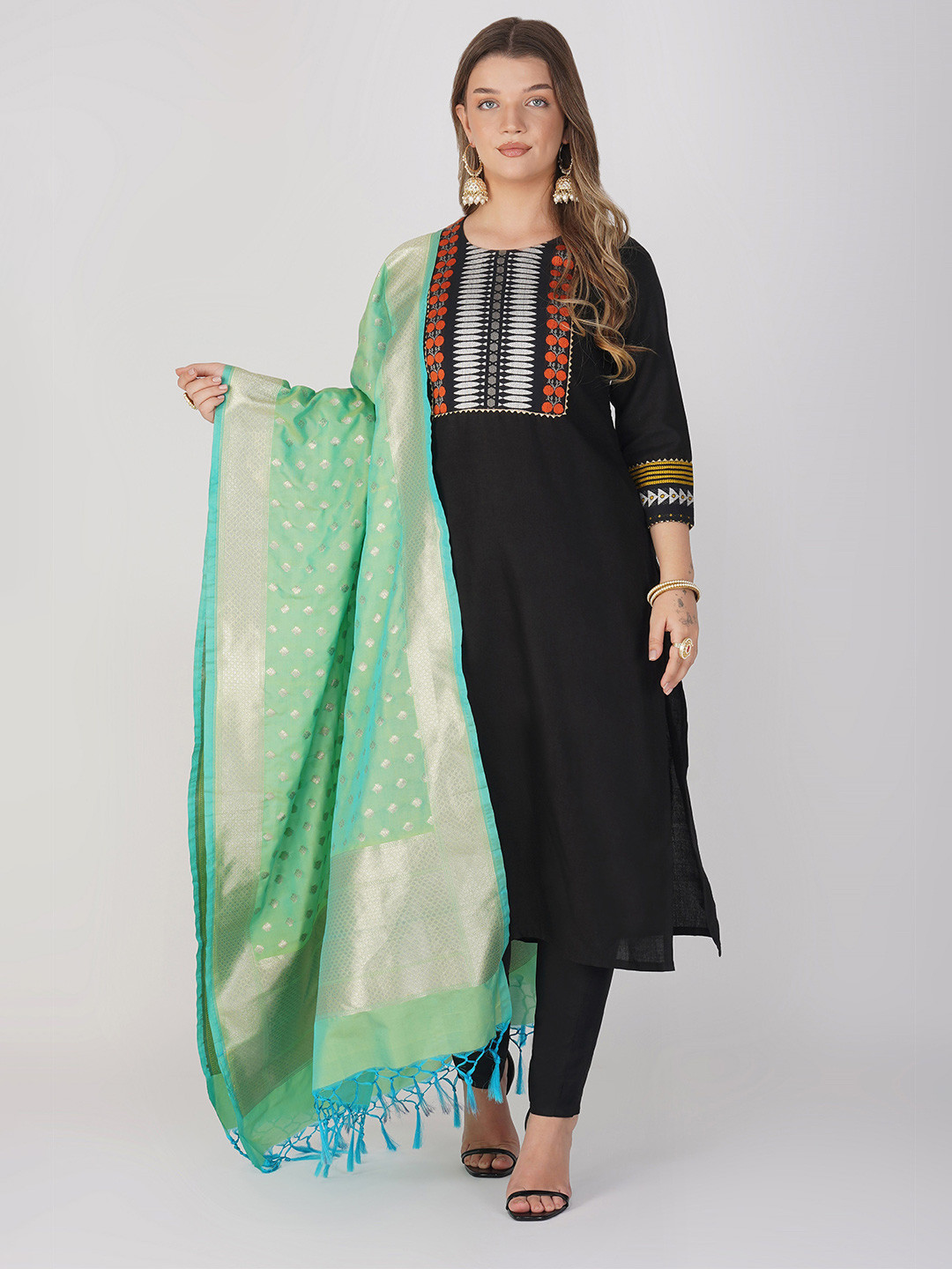 Zal from Benaras Floral Woven Design Linen Cotton Silk Dupatta With Zari