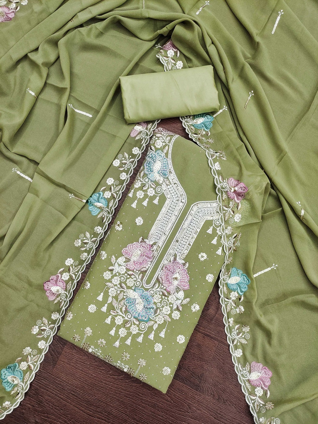 KALINI Poly Georgette Green Woven Design Dress Material