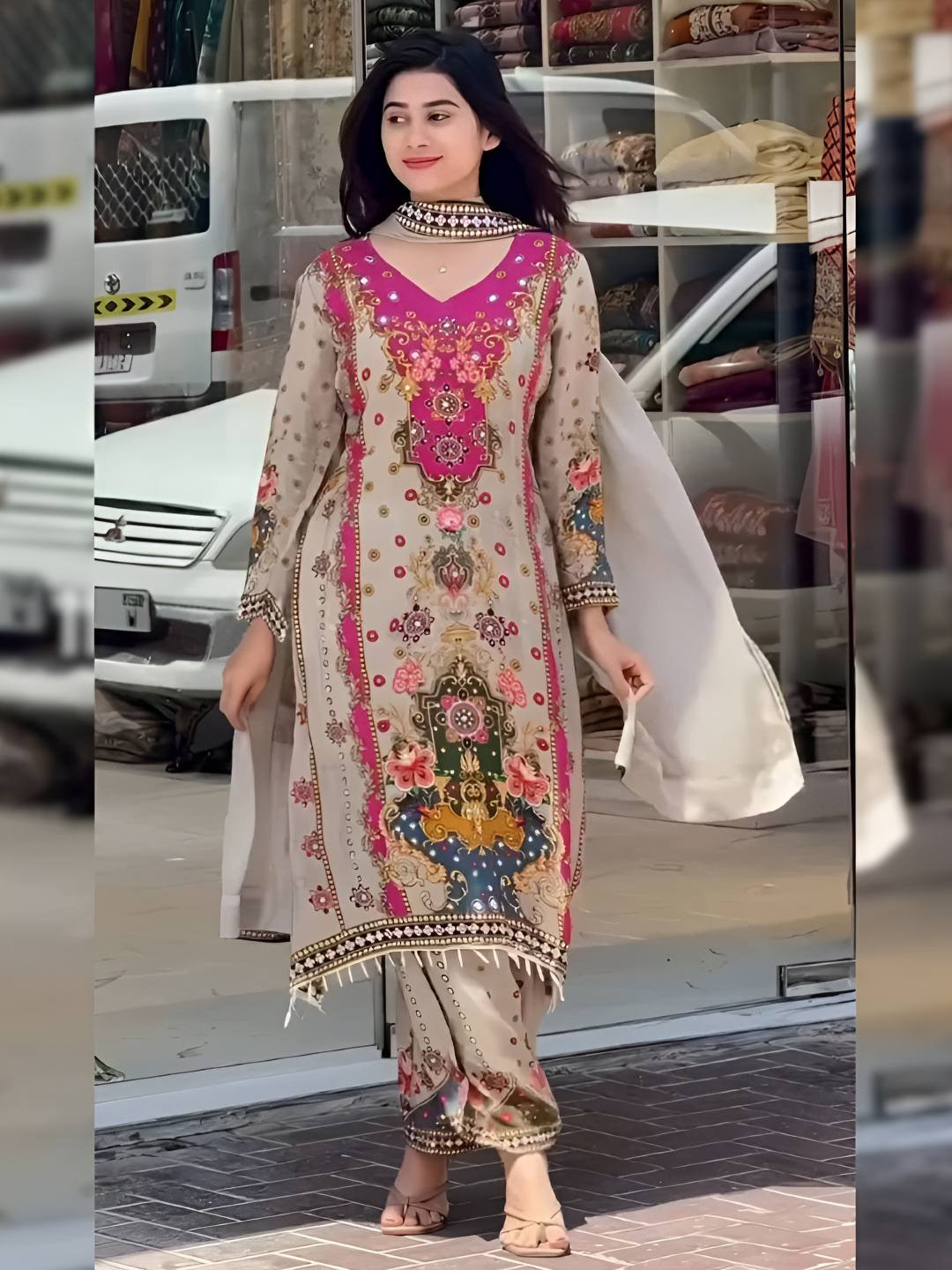 BAESD Floral Embroidered V-Neck Mirror Work Straight Kurta With Palazzos & Dupatta