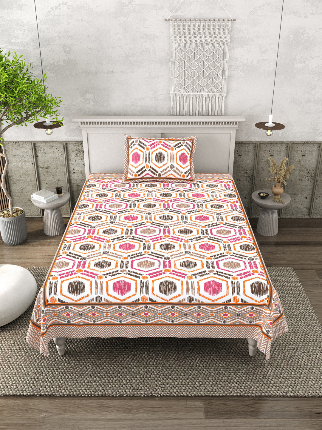 Plarsh Comfort White Geometric Printed Cotton 240 TC Single Bedsheet Set 1.6m x 2.29m