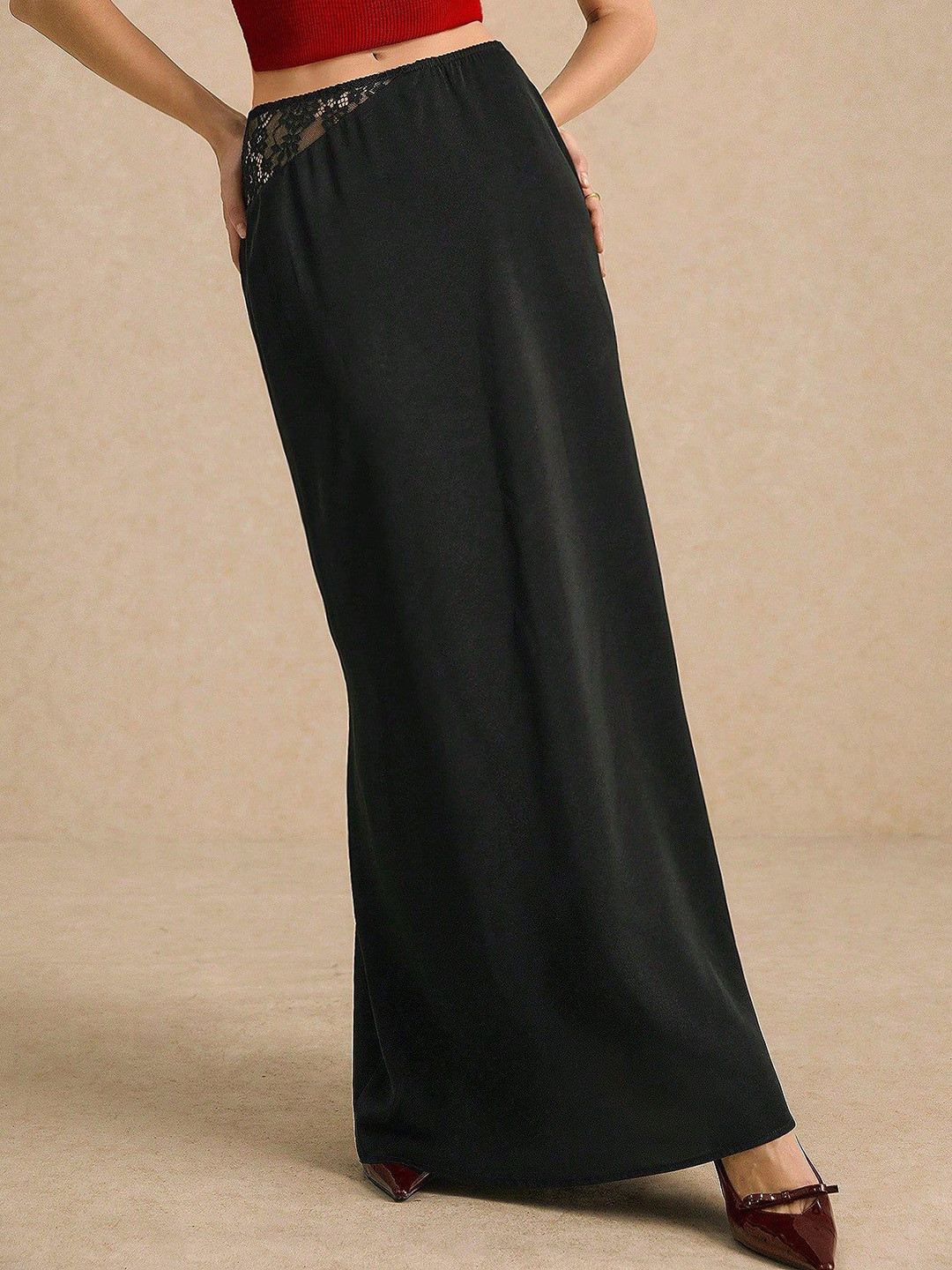 Outzidr Women Lace Insert A-Line Maxi Skirt