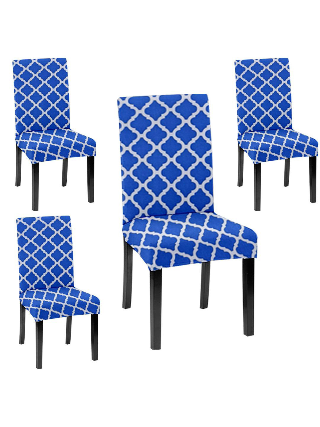 Lazi 200 GSM 4 Pieces Blue & White Diamond Printed Stretchable Dining Chair Covers
