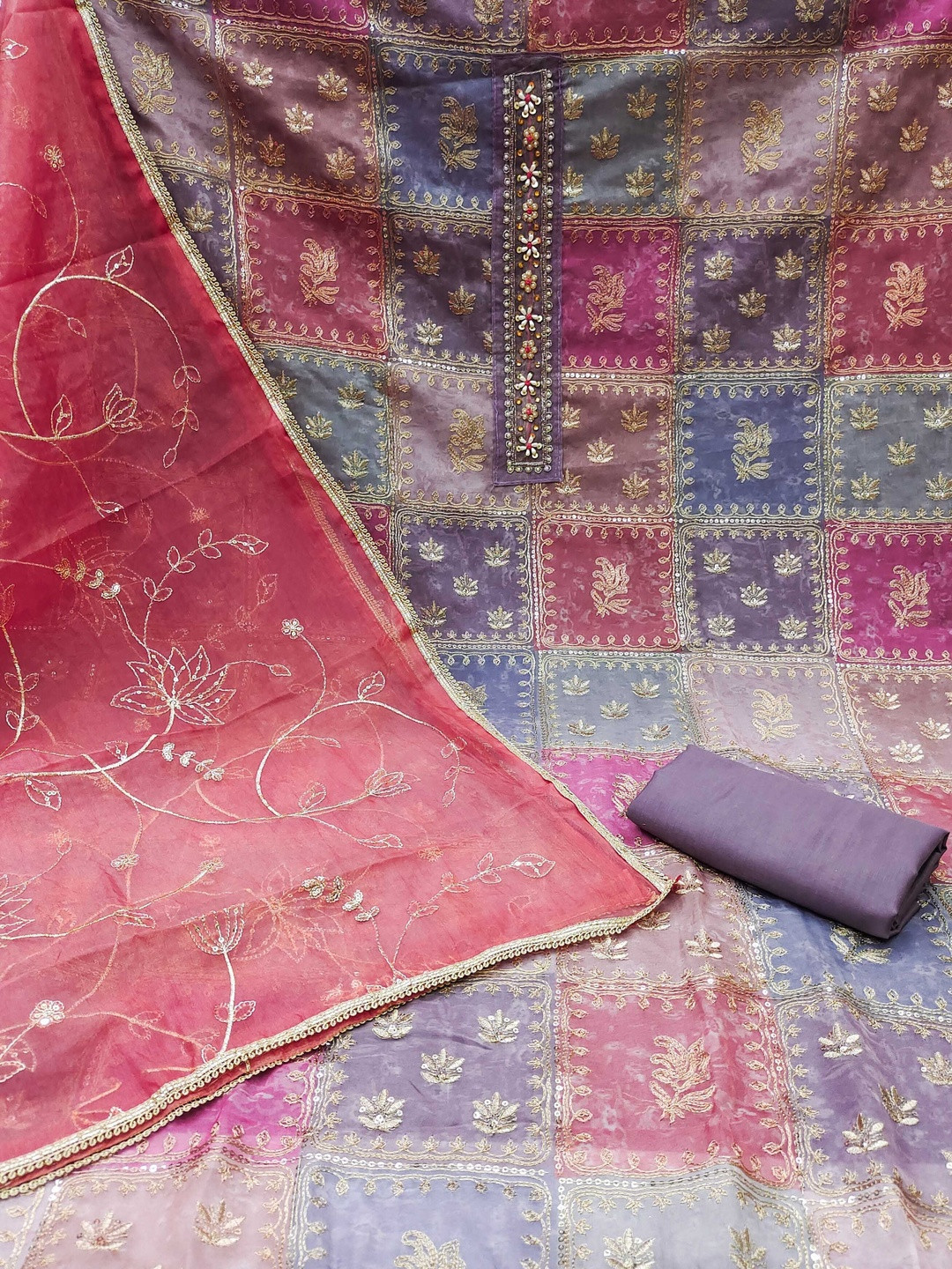 KALINI Organza Multi Woven Design Dress Material