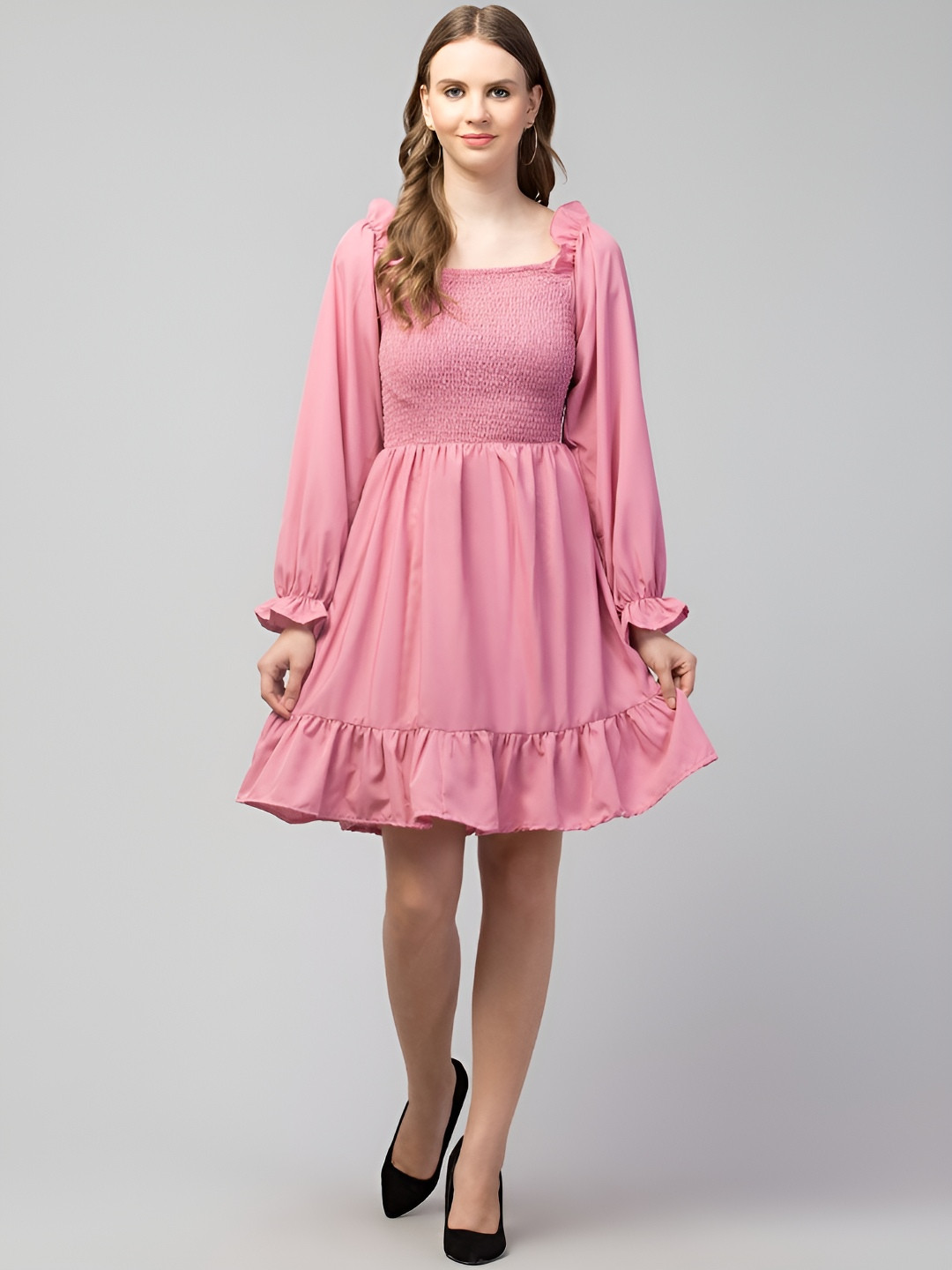 mahe fashion Women Solid Smocked Fit & Flare Dress