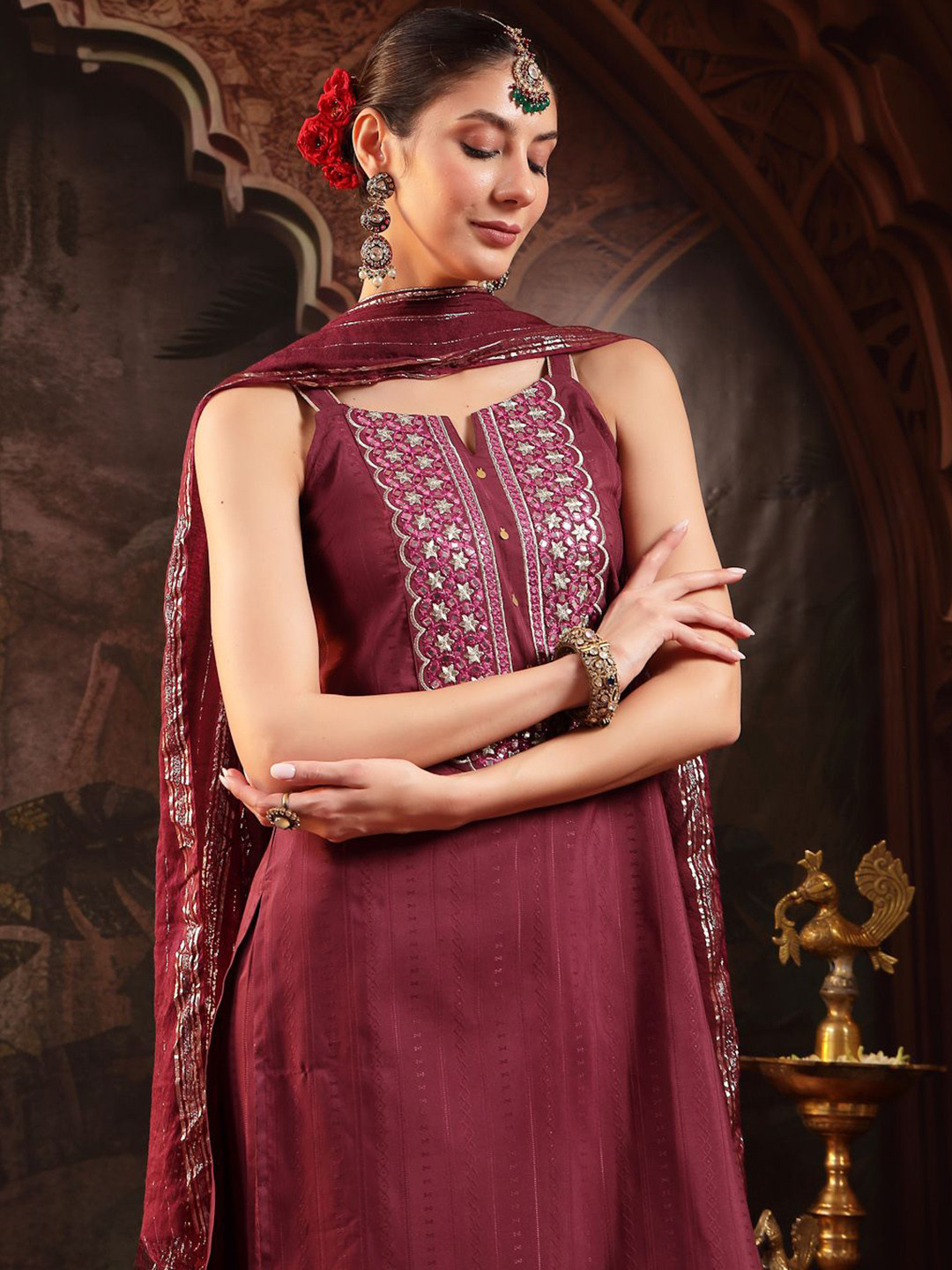Stylum Floral Woven Design Notch Neck Shoulder Straps Kurta With Palazzos & Dupatta