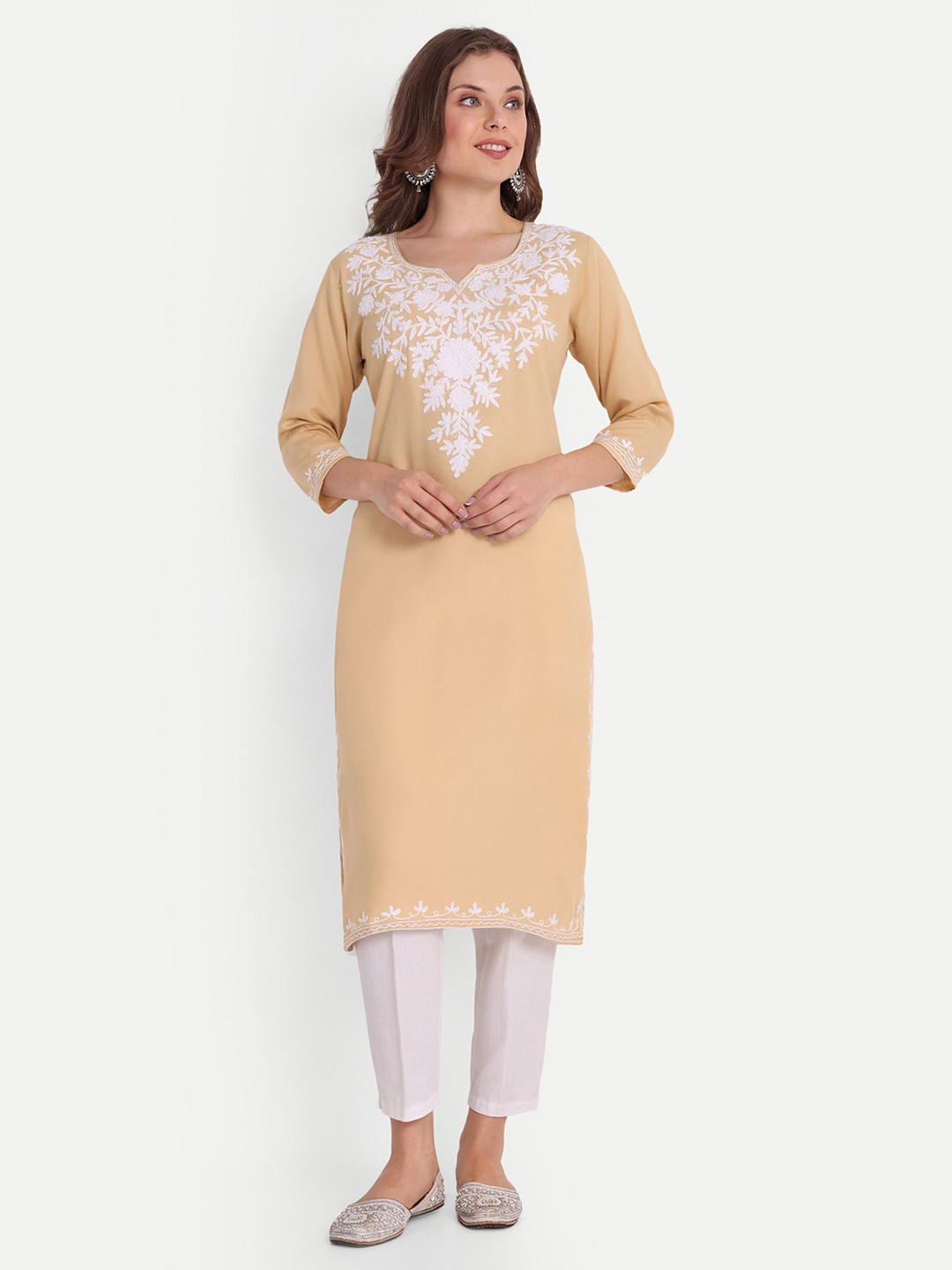 FNOCKS Floral Embroidered Notch-Neck Chikankari Straight Kurta