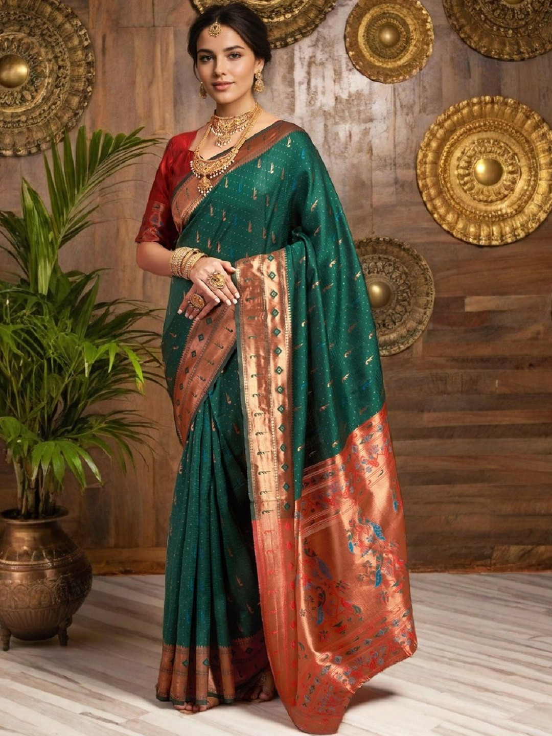 Suha Green& Red Woven Design Art Silk Paithani Saree