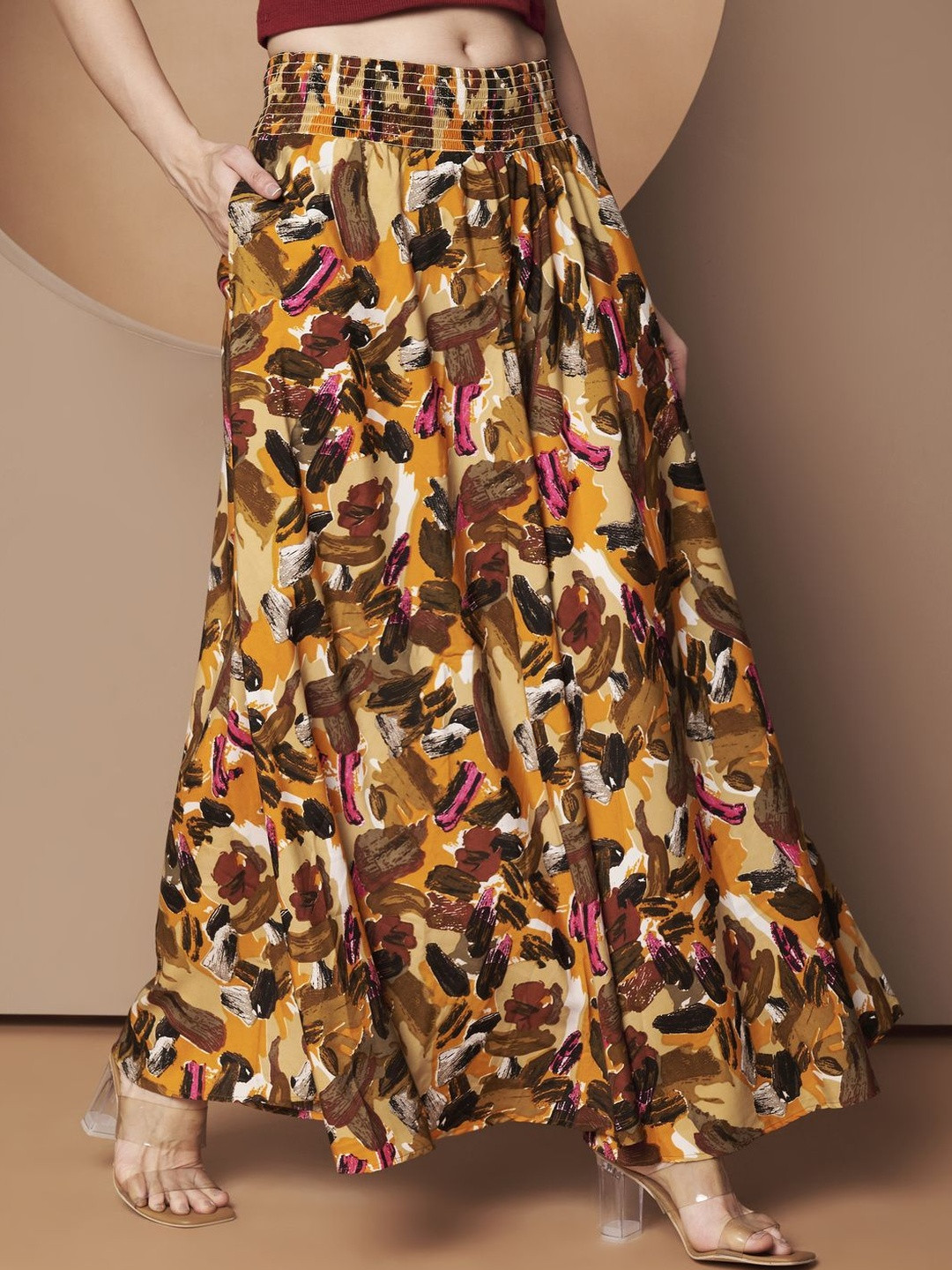 LookShine Women Coffee Polyester Abstract Printed Wide-Leg Palazzo