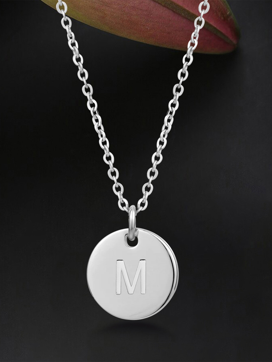 Peora Unisex Silver-Plated Stainless Steel Alphabet M Circular Pendant With Chain