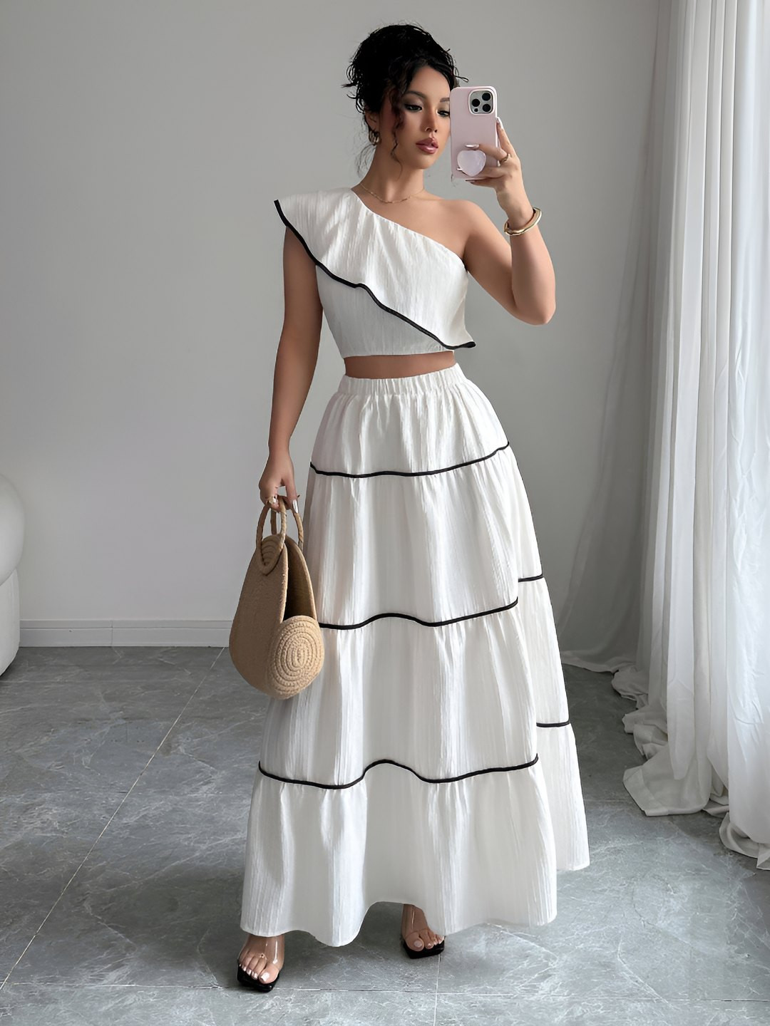 Miss Mosa By Akanksha White Valentino One-Shoulder Top With Skirt Coord Sets