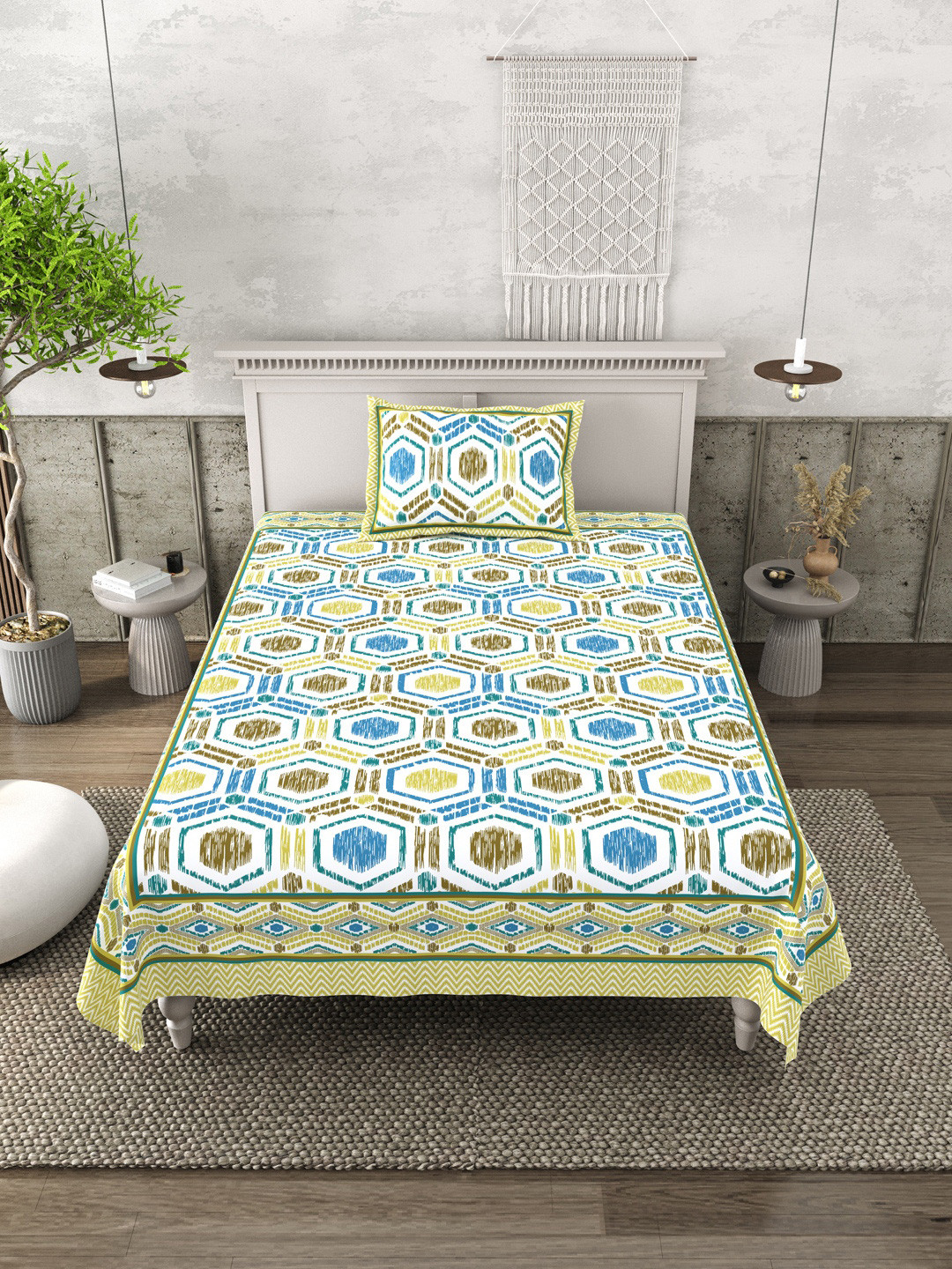 Plarsh Comfort White Geometric Printed Cotton 240 TC Single Bedsheet Set 1.6m x 2.29m