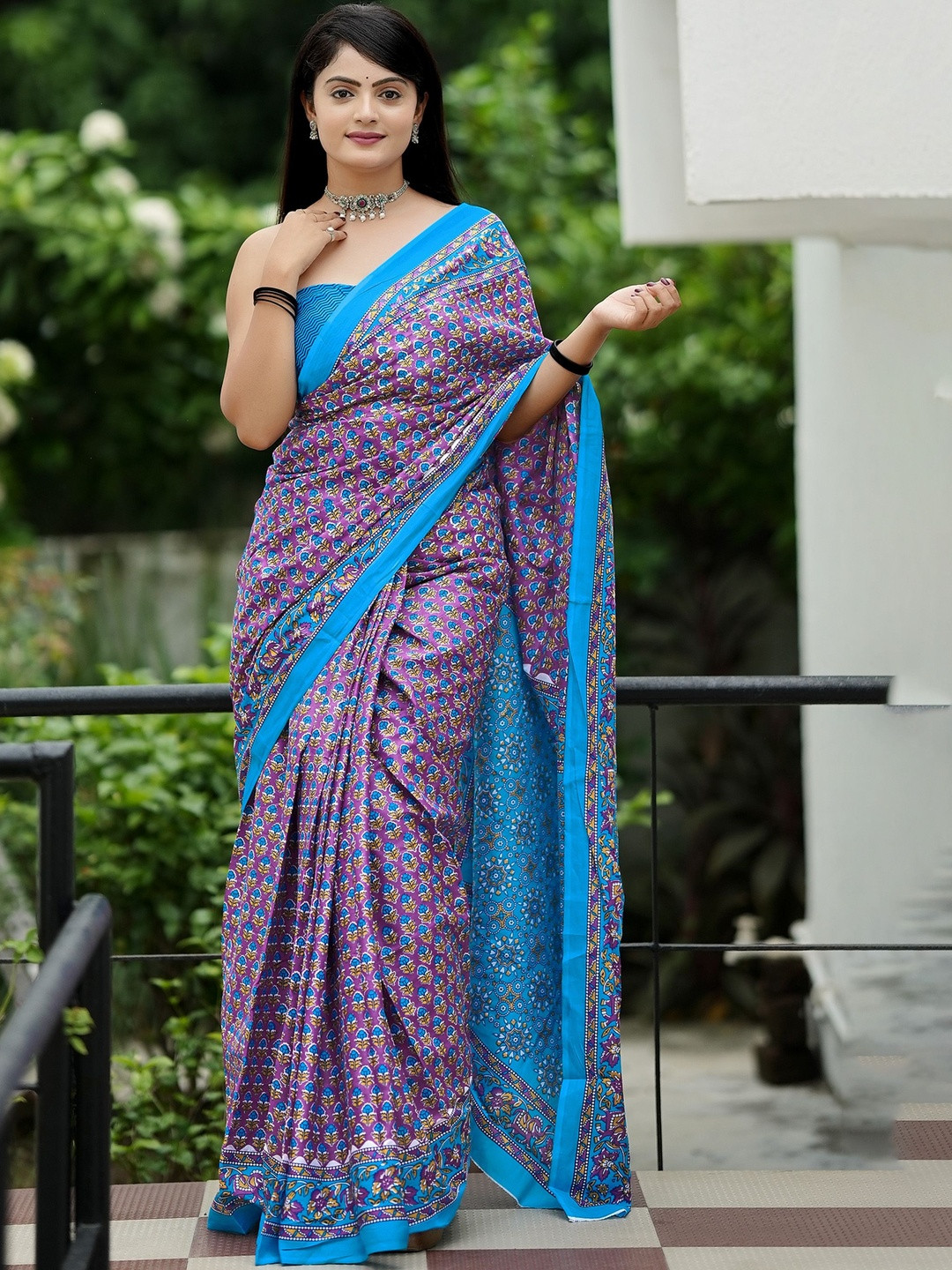 Anouk Purple & Teal Batik Pure Cotton Saree
