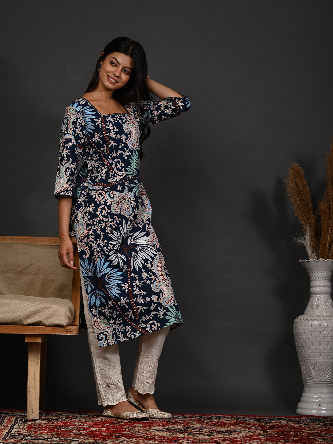 Rimeline Floral Screen Printed Square Neck Pure Cotton Straight Kurta