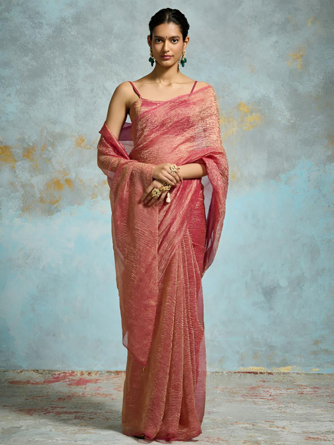 Dressfolk Deep Pink Banarasi Crinkled Tissue Saree with Gold Zari Base & Handcrafted Pallu