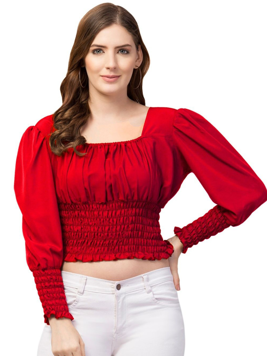 fanery sue Women Square Neck Smocked Puff Sleeve Blouson Crop Top