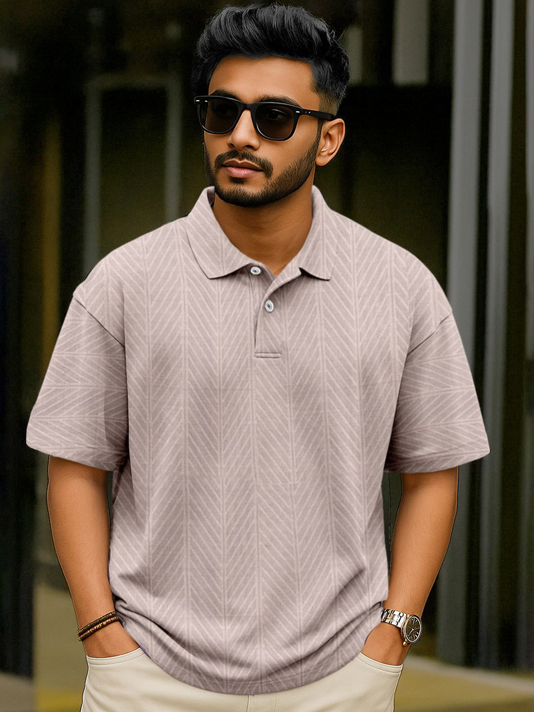 Force Men Relaxed Fit Polo Collar Drop Shoulder Sleeves T-shirt