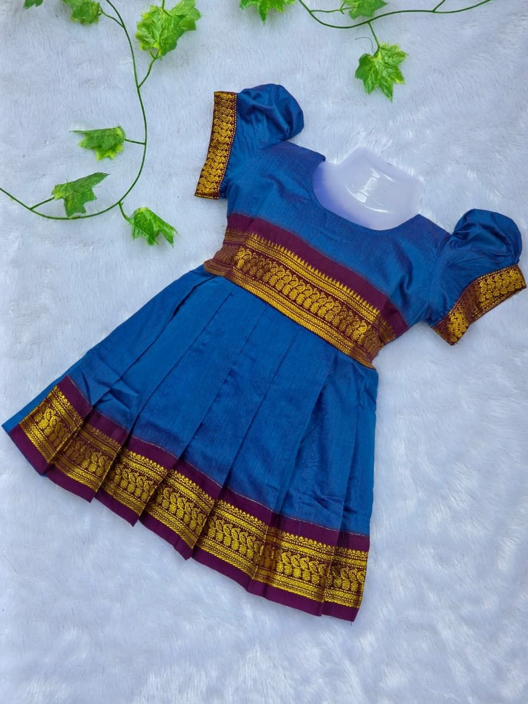Girl Blue & Gold Zari Border Puff Sleeve Ethnic Dress