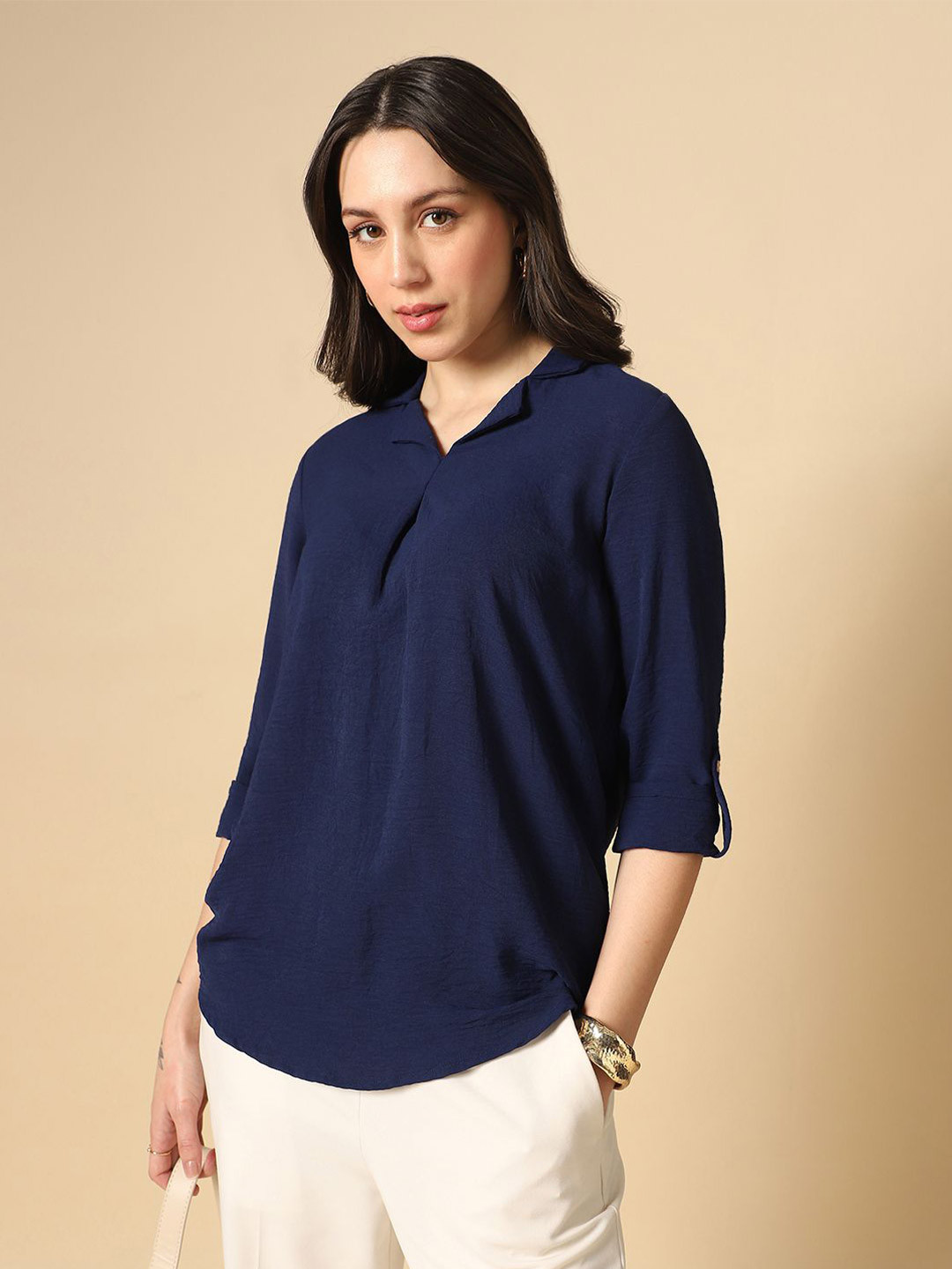 Globus Women Navy Blue Cuban Collar Roll Up Sleeves Top